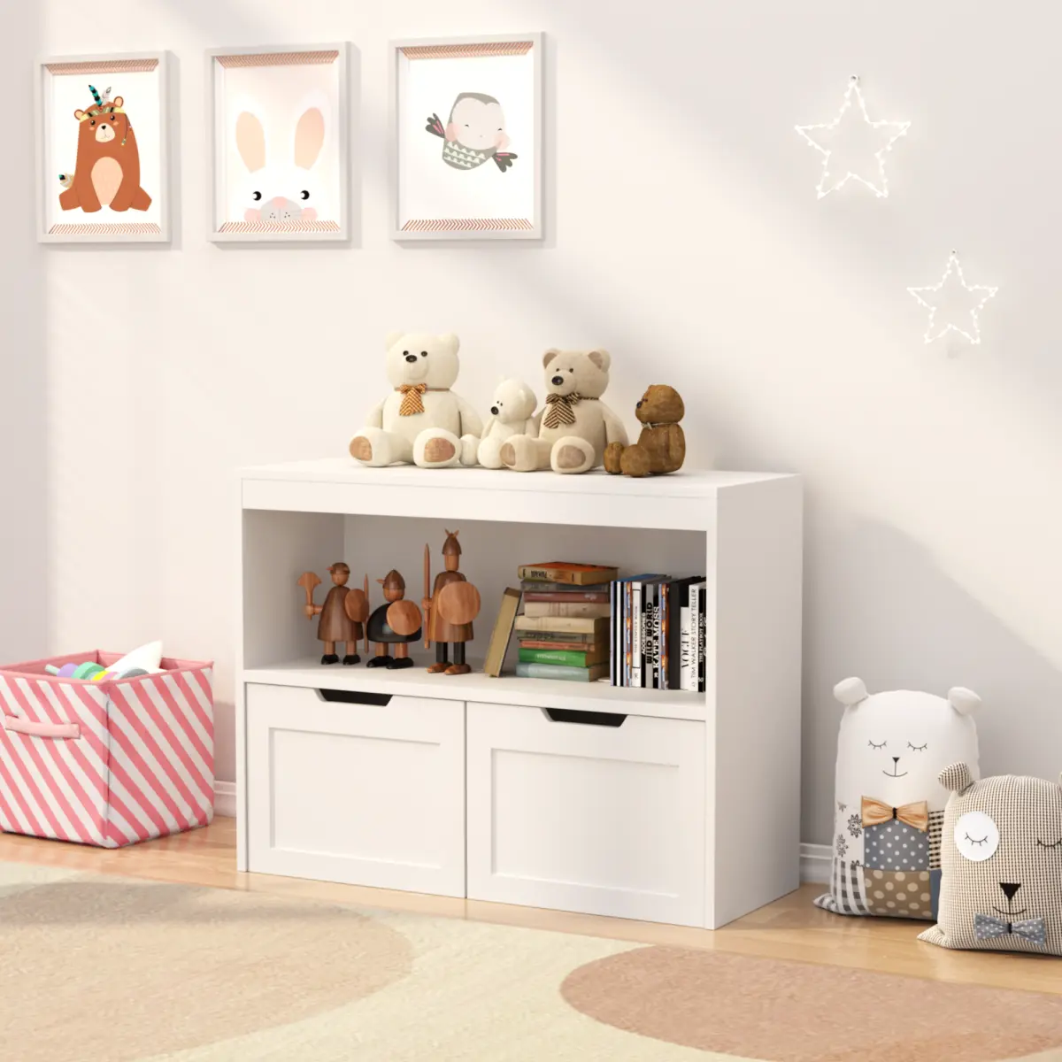 Modern White MDF Board Book Organizer with Wheels, Anti-Tip Device, Storage Unit, 31.5x11.8x24.2in Indoor Furniture Toy Cabinet, Requires Assembly