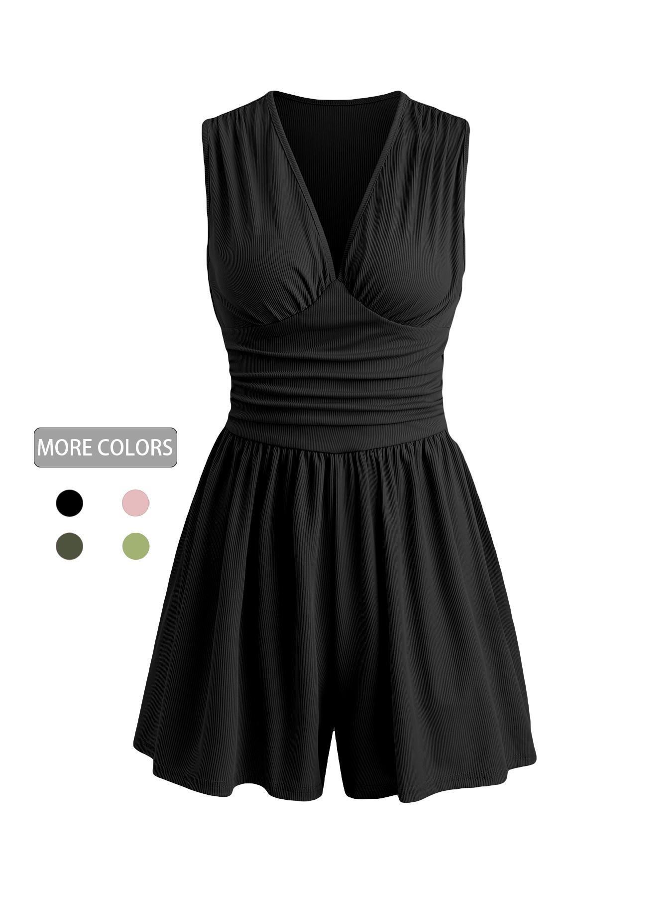Women's Plain Ruched Deep V Neck Tank Romper, Elegant Sleeveless Romper For Summer, Fashion Casual Ladies Clothes For Daily Wear