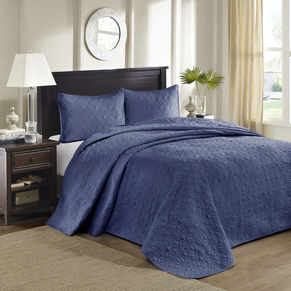 Nokaa Reversible Bedspread Set Navy King Size Quilted Coverlet Lightweight Bedding for Master Bedroom Guest Room Hotel Decor 3 Piece Set, Soft Cotton Bed Cover with Patterned Quilting, All Season Home Textile for King Beds
