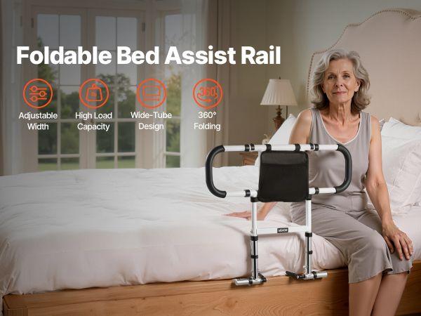 Bed Rail for Elderly, Foldable & Extendable Bedside Assist Rail with Side Handles & PU Handrail, Adjustable Height Carbon Steel Pipe Bedside Cane, Senior Bed Bar Fits King, Queen, Full, Twin