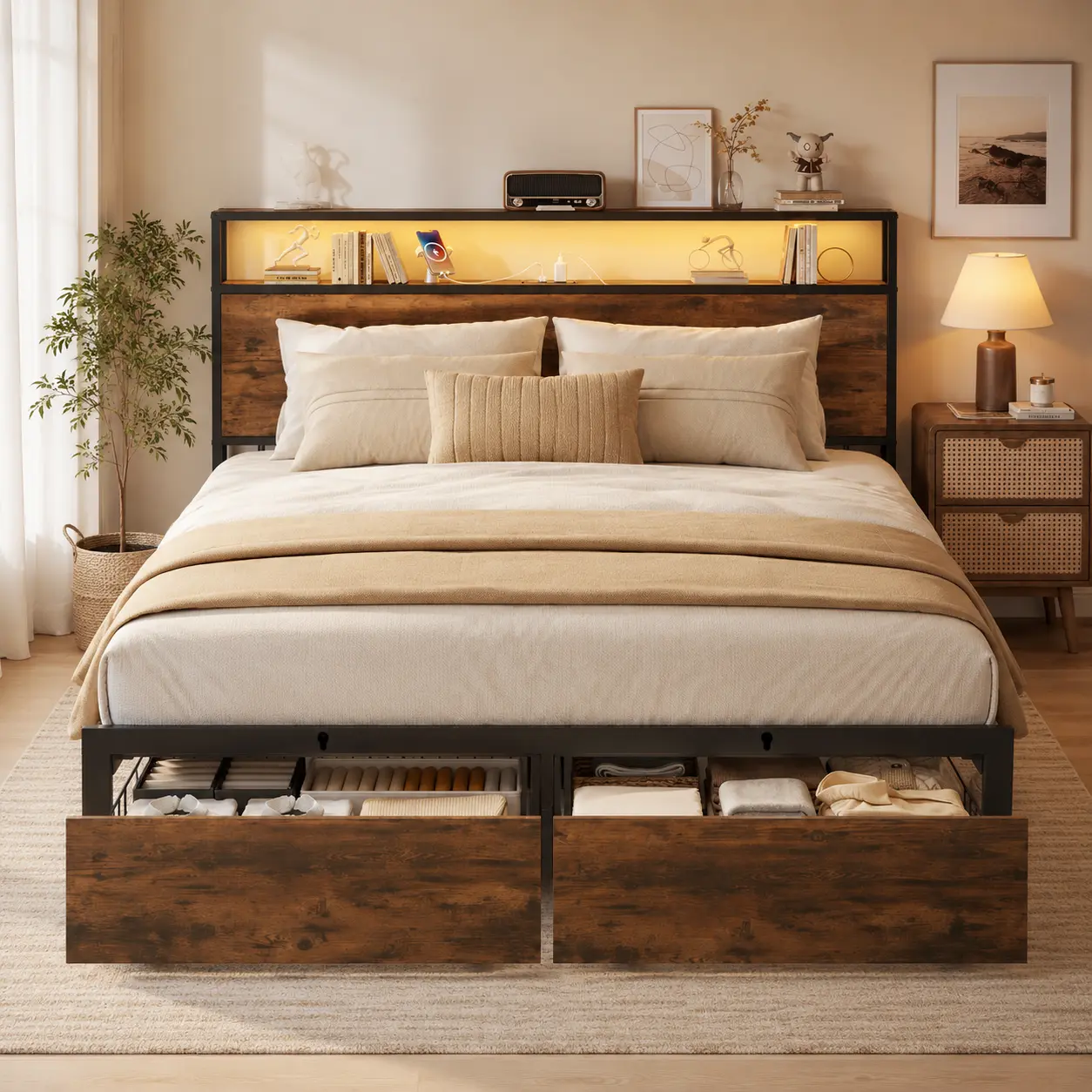 Vintage Brown Extra Large Furniture Queen Bed Frame, Double-Layer Storage Headboard with Built-In Drawers, Metal Panel Design with USB Ports, Ambient Light Strips, Silent Structure, No Spring Mattress Required, Easy Setup, Full/Queen