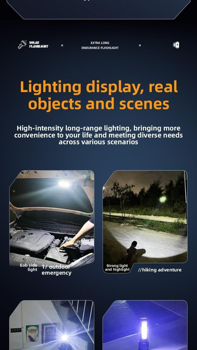 Solar Powered Flashlight, High Brightness Long Range Rechargeable Portable Torch, Concentrated Light for Camping Hiking Emergency