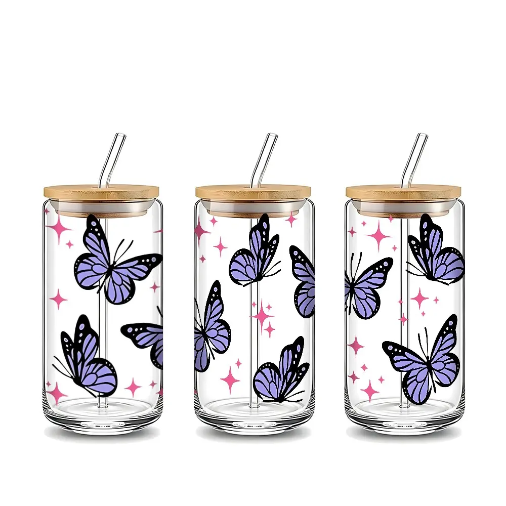 Dreamy Purple Butterfly Print 16oz Glass Drinking Cup With lid,Aesthetic Clear Reusable Glass Tumbler,Durable Glass Vessel For Cold Coffee,Smoothies,Hot Cocoa, Soda,Perfect Gift for Girls,Friends,Birthday,Daily Use