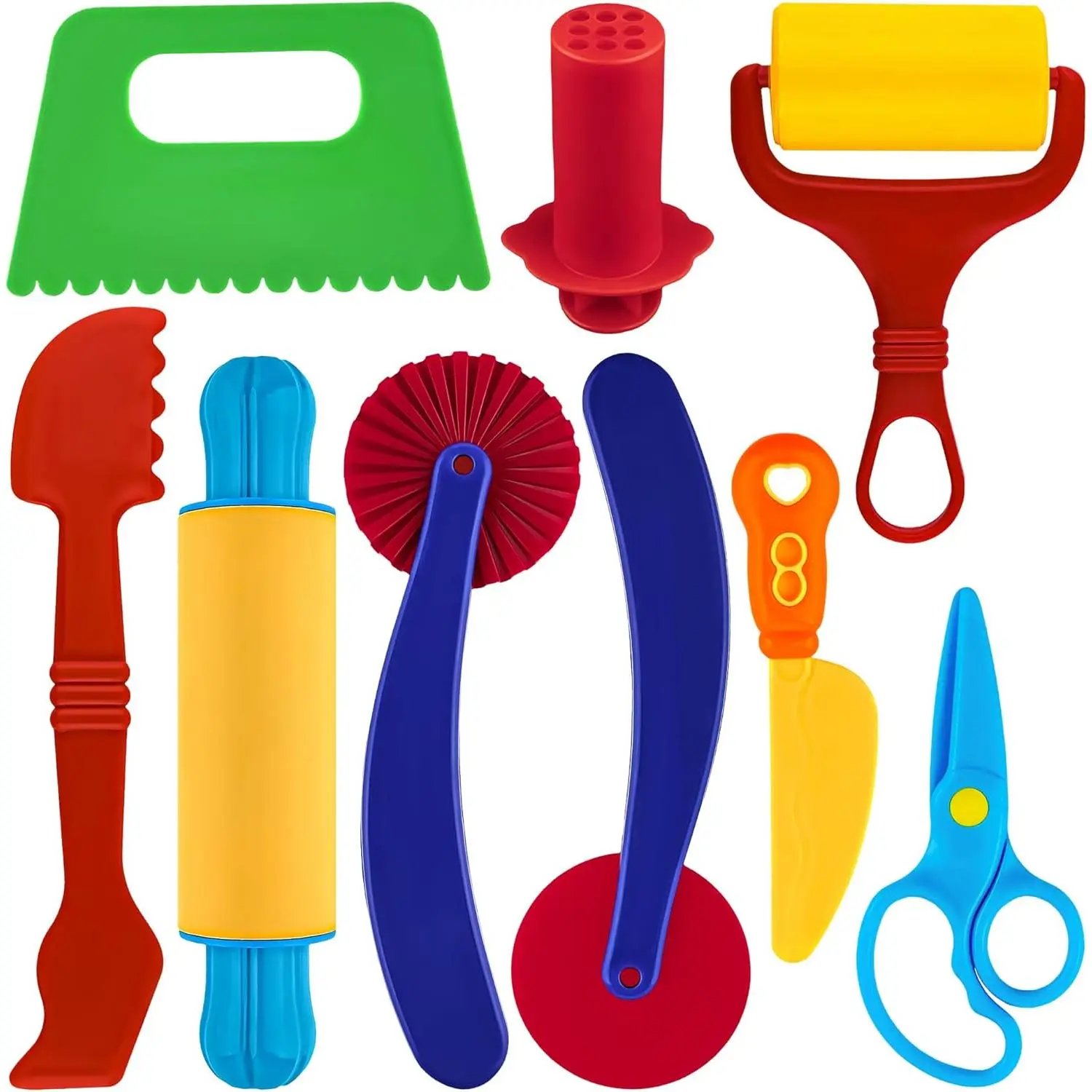 Dough Play Tool Kit for Kids, 9 PCS Basic Dough Starter Set with Pizza Cutter, Safety Scissors, Rolling Pin, Roller, Extruder, Plastic Scraper, Knifefidget toys