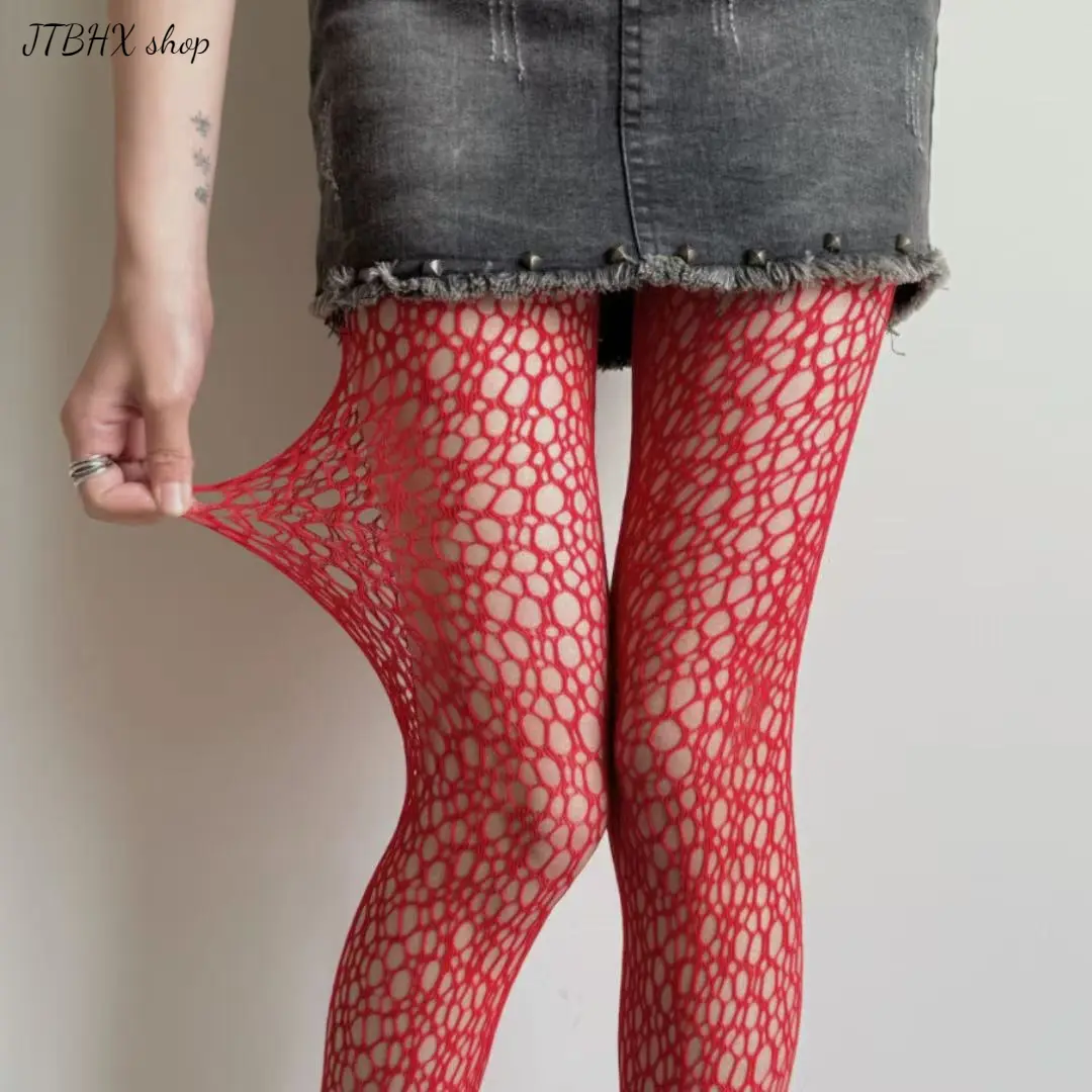 Vintage Hollow Out Lace Fishnet Tights for Women, American Y2K Thin Pantyhose, Spring Autumn Sheer Stockings, White & Burgundy Base Layer Hosiery