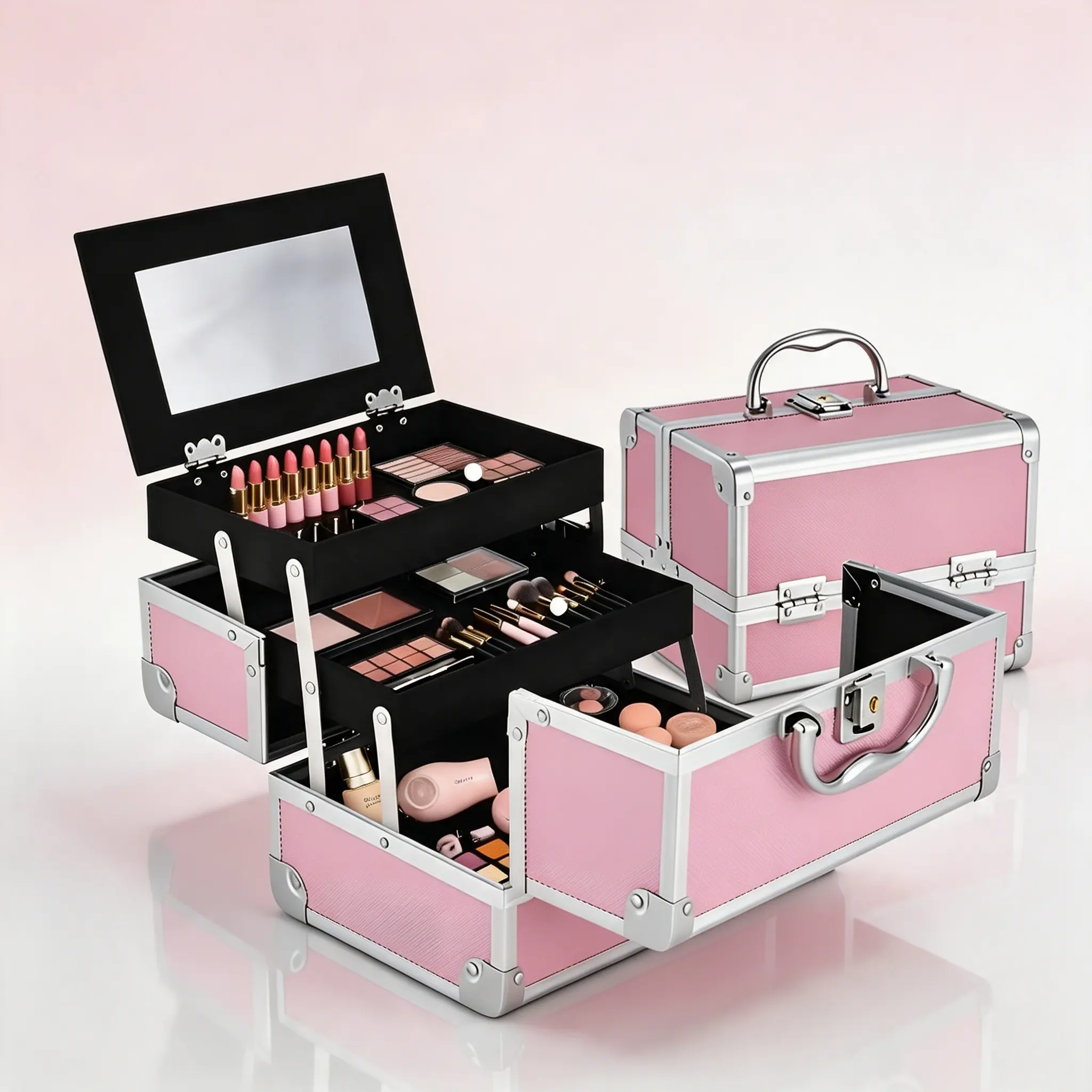 Hard Shell Makeup Box with Mirror & Lock | Portable 3-Tray Travel Organizer | Sturdy Aluminum Cosmetic Case - Mermaid Pink (9"x6"x6") home dormitory organization multi-layer design dustproof Clear Storage vanity collapsible folding bins dresser