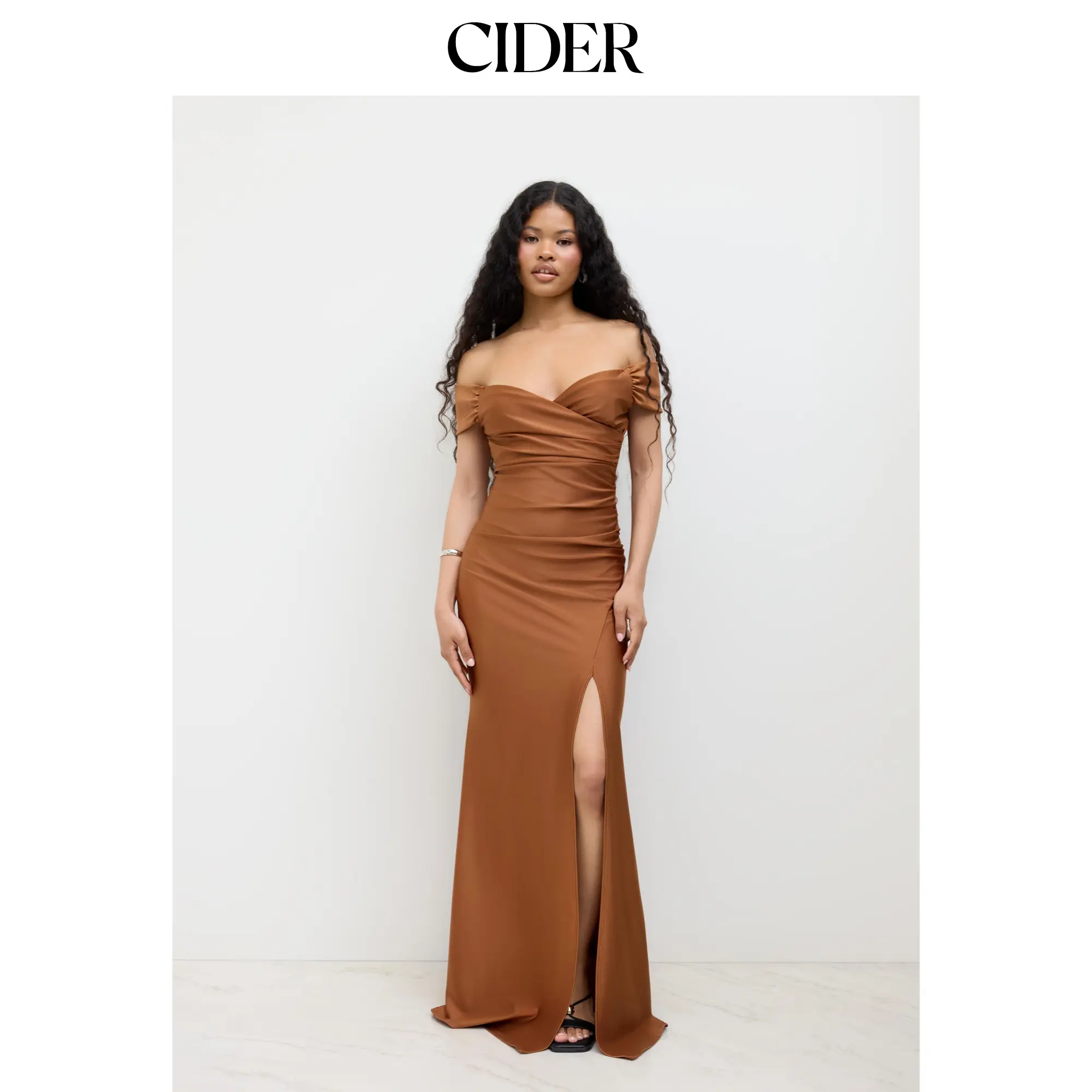 Cider Off-shoulder Ruched Split Maxi Dress