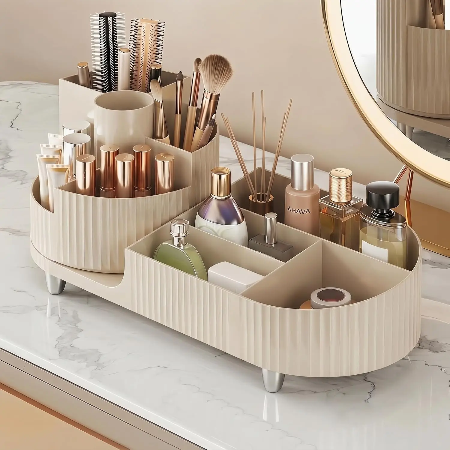 Rotating Makeup Organizer for  Countertop, Cream | Plastic  Display Case, Large Beauty Brush Holder for Bathroom Counter,  Care Perfumes Storage
