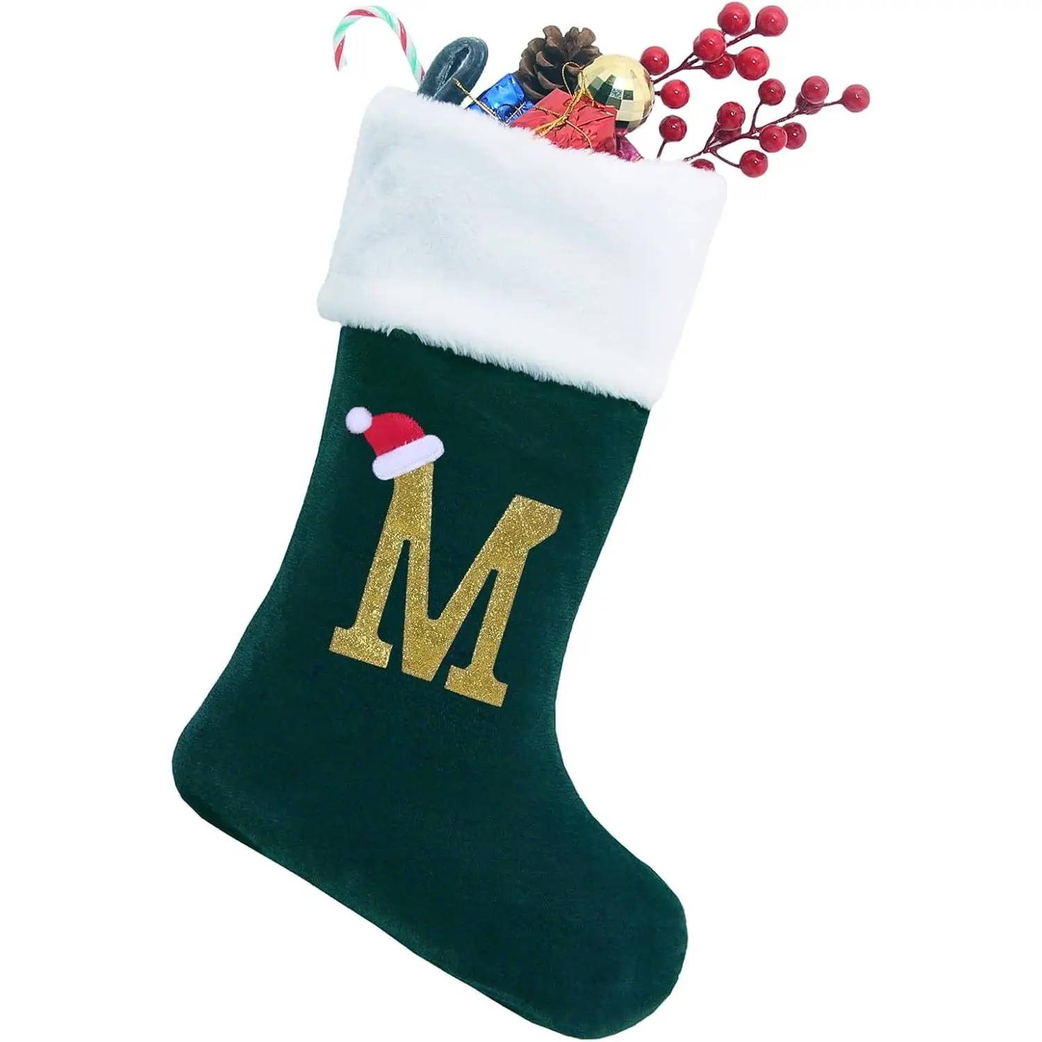 20 Inches Monogram Christmas Stockings with Gold Letter M, Large Super Soft Blackish Green Velvet Stockings with White Soft Plush Cuff for Xmas Tree Fireplace