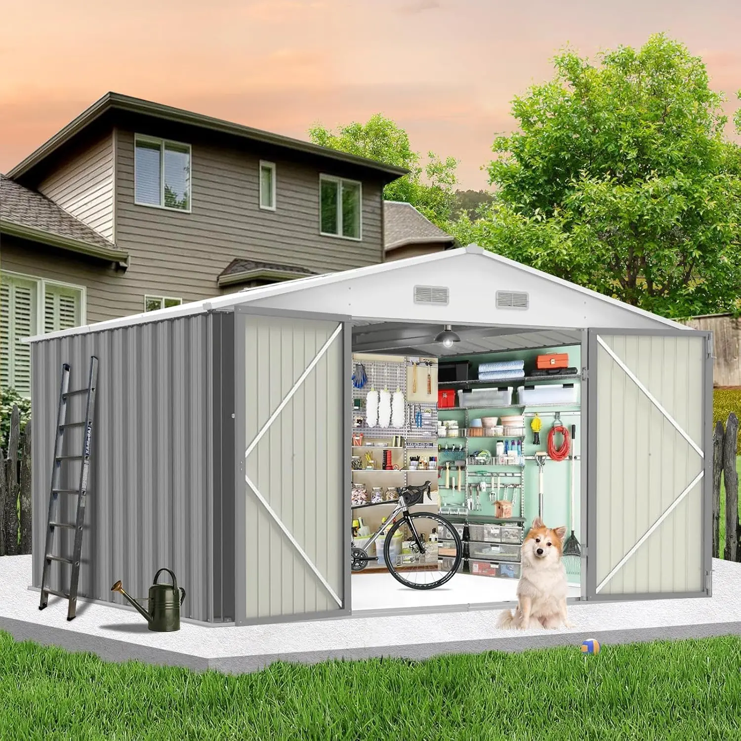 12 x 10 ft Large Galvanized Steel Outdoor Storage Shed with Sloped Roof, Vents, and Wide Lockable Double Doors