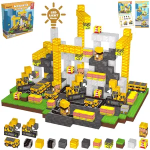 Construction Site My Magnetic World Building Blocks, 100/200pcs, Construction Vehicle Series, STEM Montessori Sensory Toy, some blocks light up, suitable for boys and girls, Christmas gift, boyfriend gift, outdoor fun magnetic building blocks.