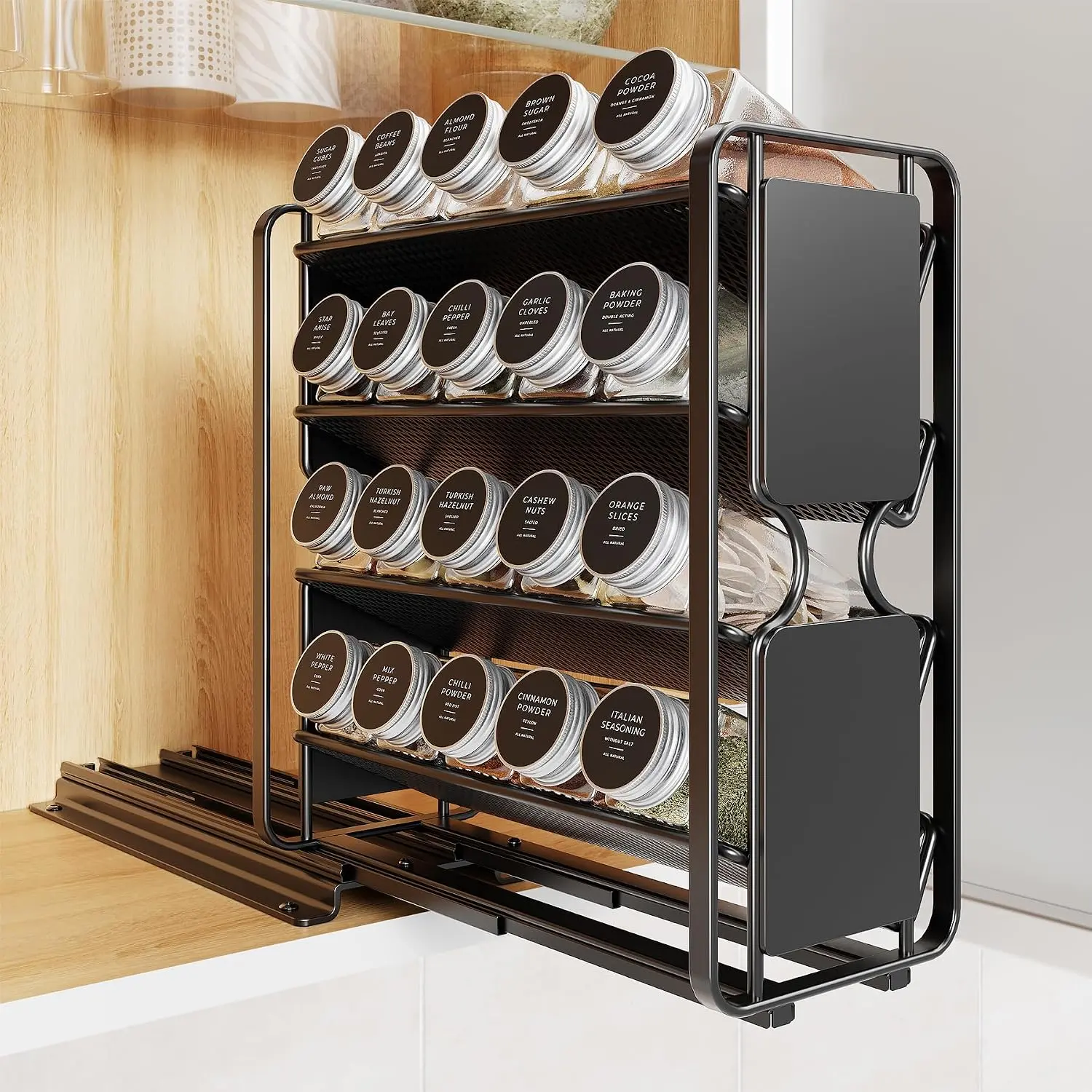 Rack Organizer Drawer Cabinet: Pull Out  Seasoning Organization with 20 Jars - Facing Left or Right with Labels and Chalk Maker 4 Tier Slide Out Kitchen Storage for Countertop Wall Mount