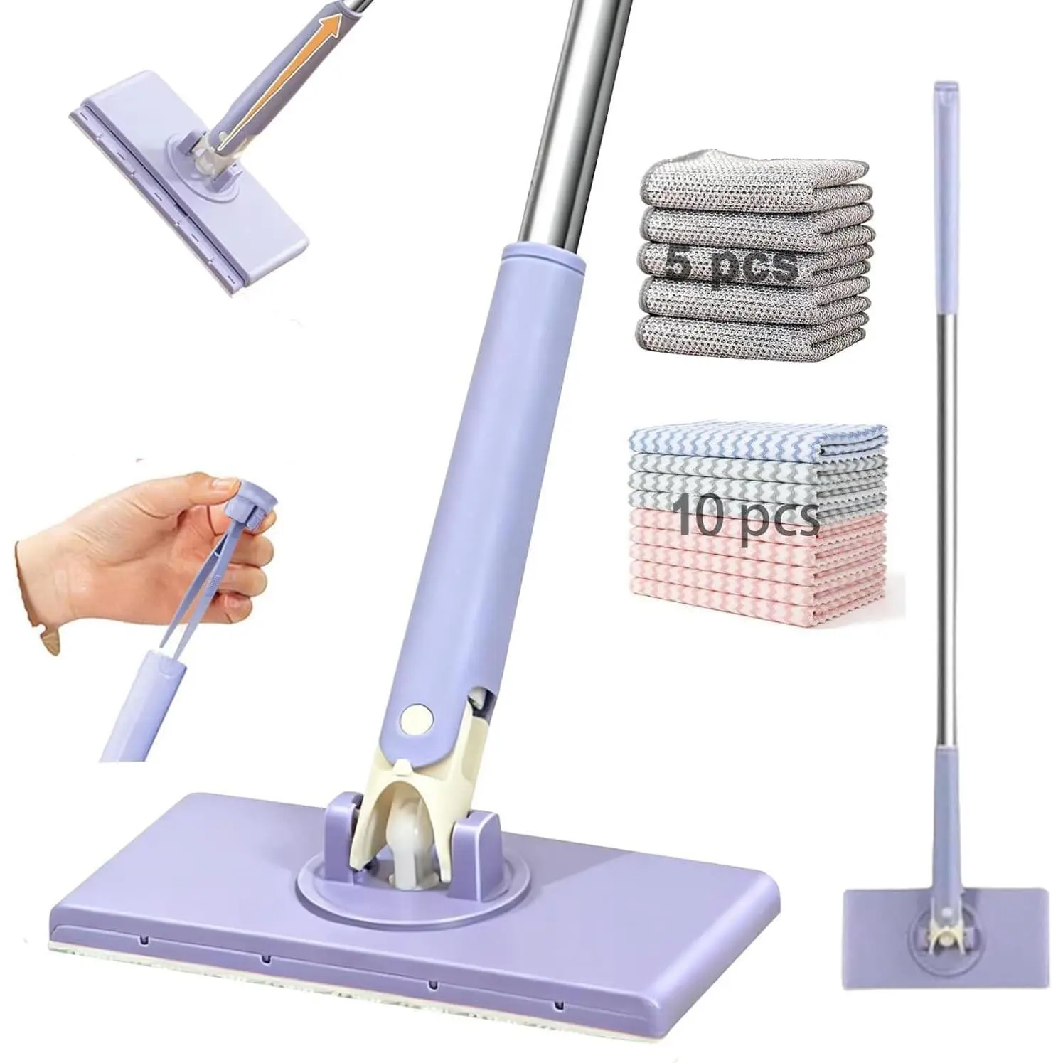 2026 Upgraded Automatic Cloth Changing Mini Mop, Zero Touch with 360 Swivel Head, Hands-Free Push Pull Replace Handle, Disposable Dust Mop, with 5 Non Scratch Wire Dishcloths (37.2in+10cloths)