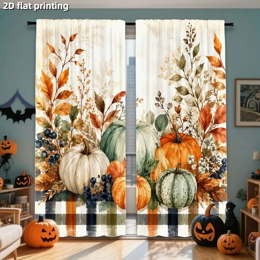 2Pcs Watercolor Autumn Pumpkin Floral Window Curtains, Harvest Festival Decorations, Fall Leaves Plaid Pattern, Light Filtering Privacy, Living Room Bedroom Home Decor