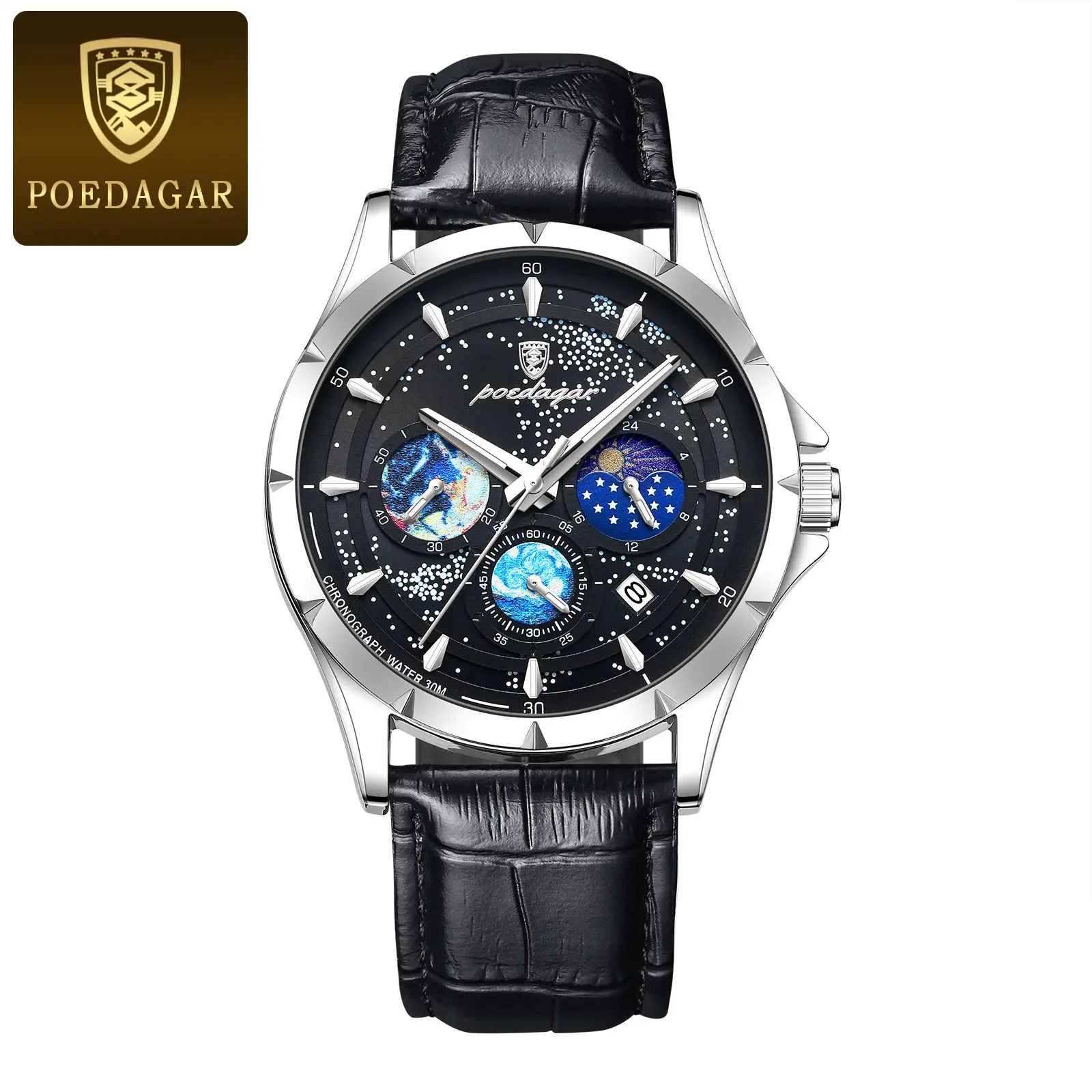 916 silver case with black leather strap