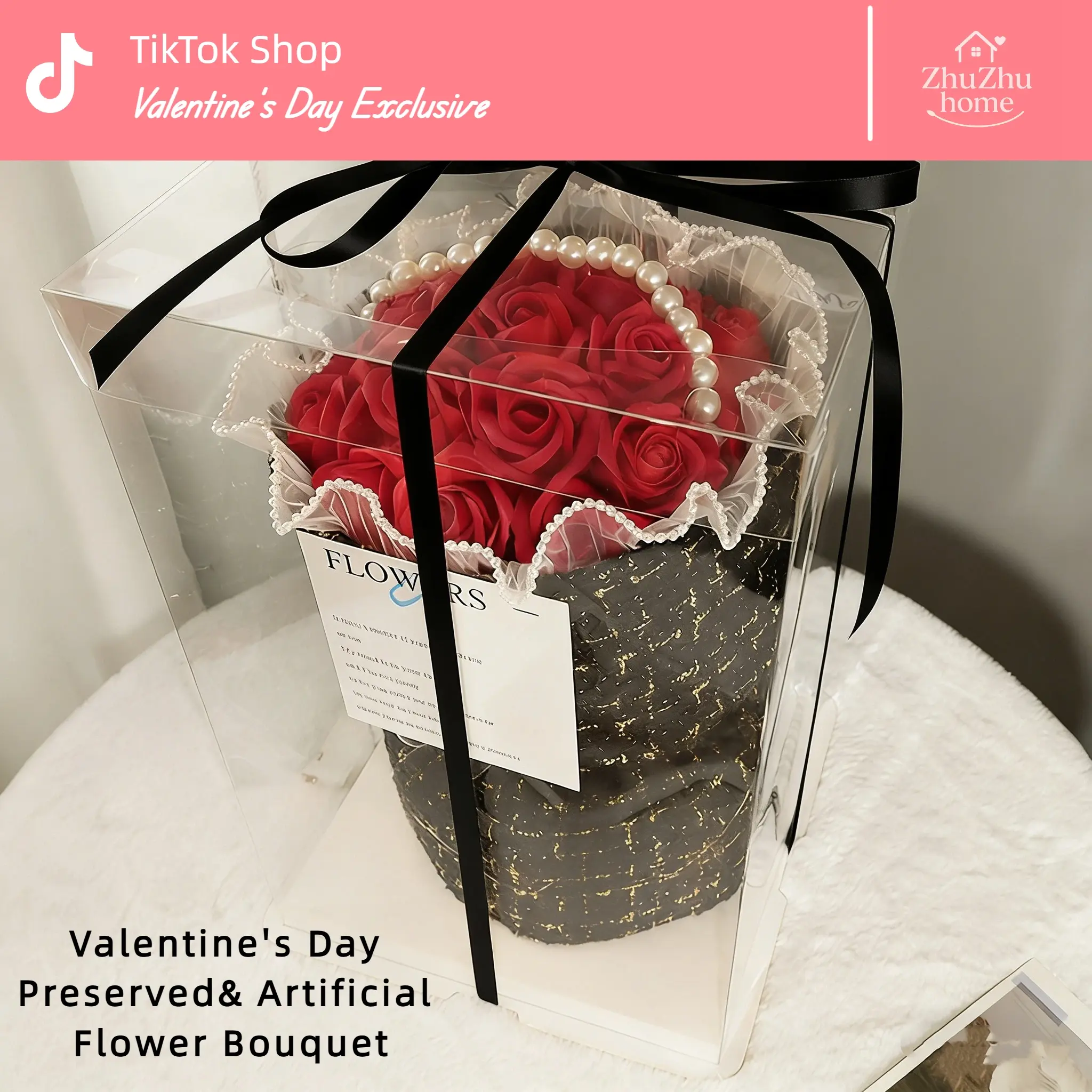Valentine Surprise Gift Pearl Decor Preserved Flower Bouquet, Romantic Anniversary Present for Him & Her, Perfect Wife Husband Gift