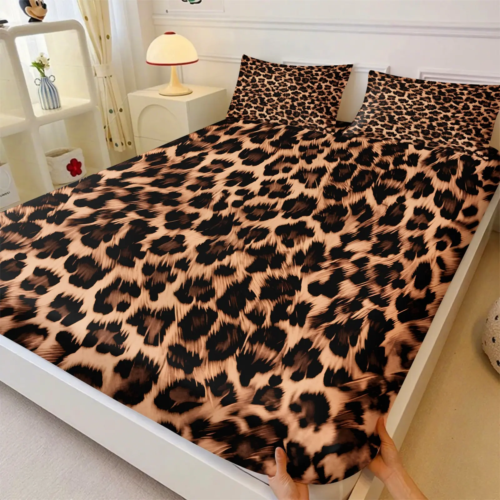 Vintage Leopard Fitted Sheet Set, Include 1 Bedcap and 2 Pillowcases, Brown Black Classic Leopard Spot Pattern Deep Pocket Mattress Cover, Wild Animal Print Bedroom Bedspread, Anti-Wrinkle and Non-slip, Soft and Comfortable, Leopard Print Sheets