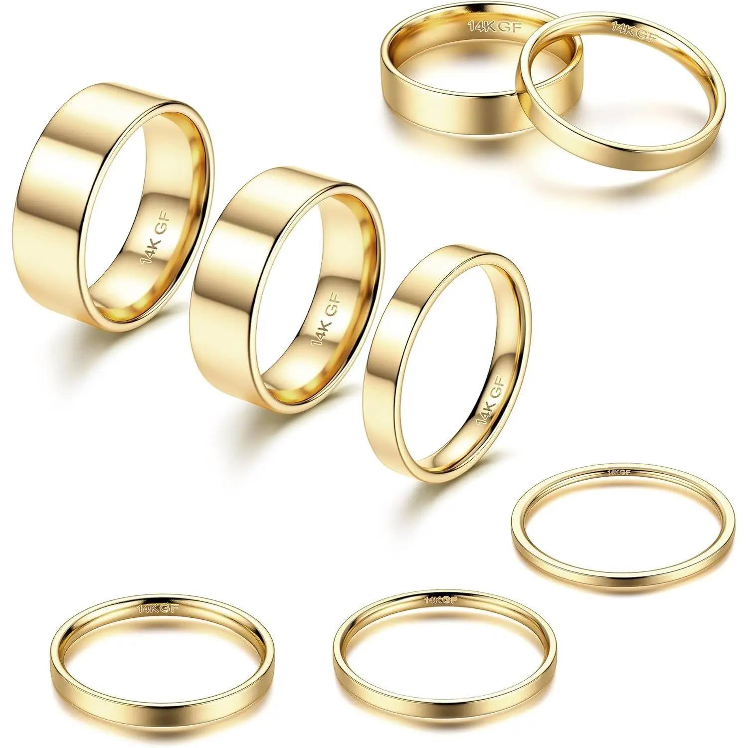 1-8mm 14K Gold Filled Rings Stacking Rings for Women Stackable Rings Thin Band Rings Plain Pinky Thumb Finger Rings Trendy Mid Statement Rings Comfort Knuckle Rings Set