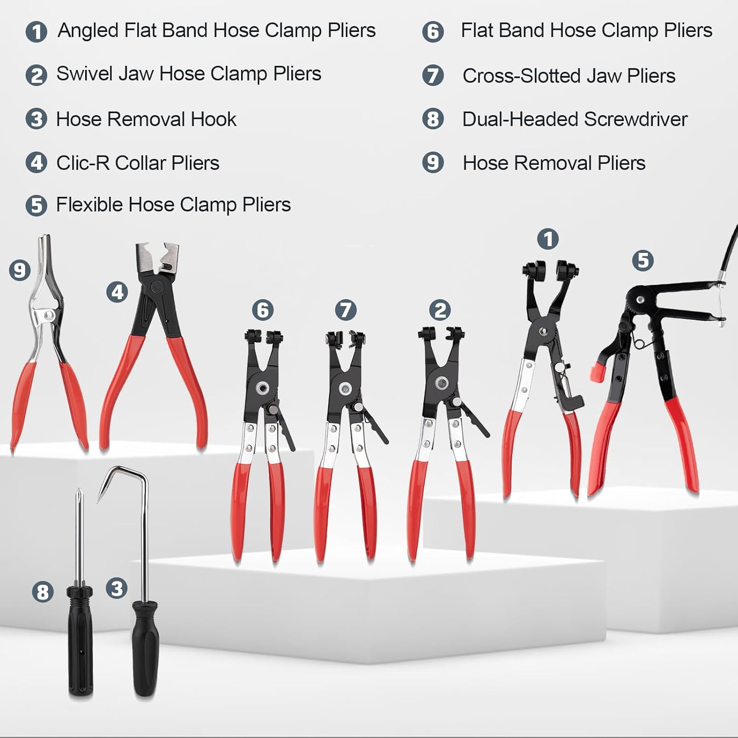 9 count Hose Clamp Pliers, Long Reach Hose Clamp Tool Remover for Water Hose and Automotive Coolant Radiator Heater with Flexible Wire Long Reach Hose Clamp and Flat Band Pliers