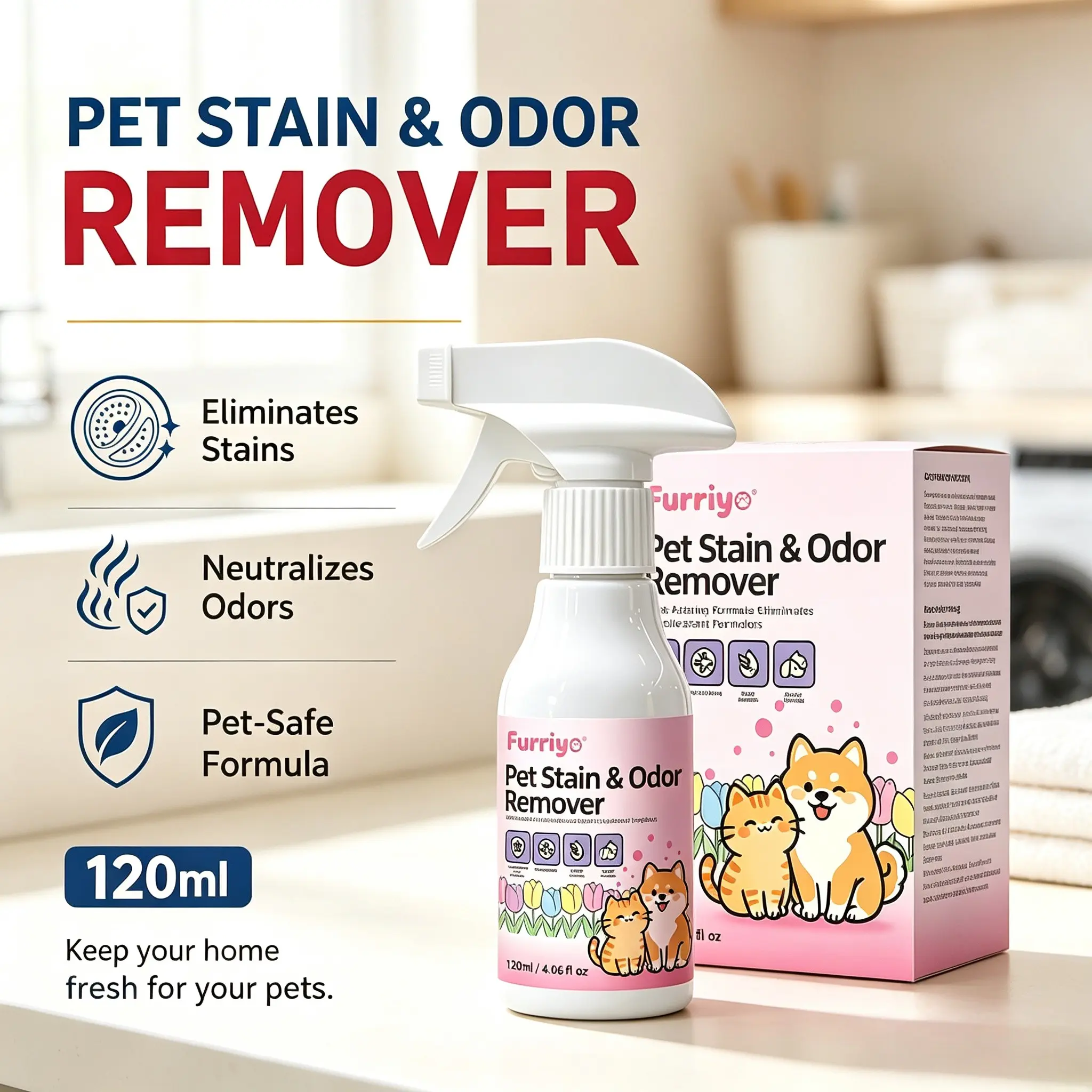 Furriyo Pet Stain & Odor Remover Spray 120ml, Fast-Acting Plant Gentle Formula Anti-Bacterial Deodorizer, Eliminates Urine Vomit Feces Smell, Safe for Dog Cat, Multi-Surface Carpet Sofa Floor Pet Odor Eliminator Spray