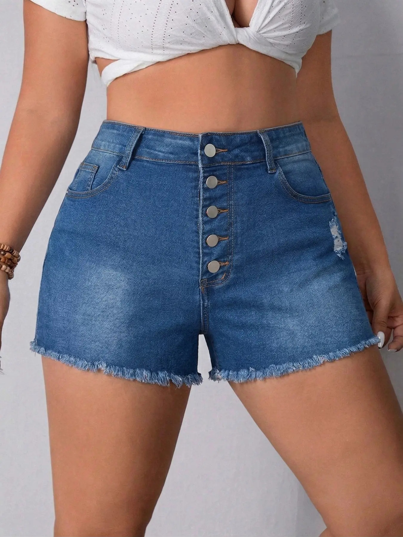 Women's Plus Size Fit High Waist Dark Wash Denim Bootcut Shorts, Bottoms, Button Fly Distressed Ripped Hem, Stretchy Slimming Design for Casual Summer Wear