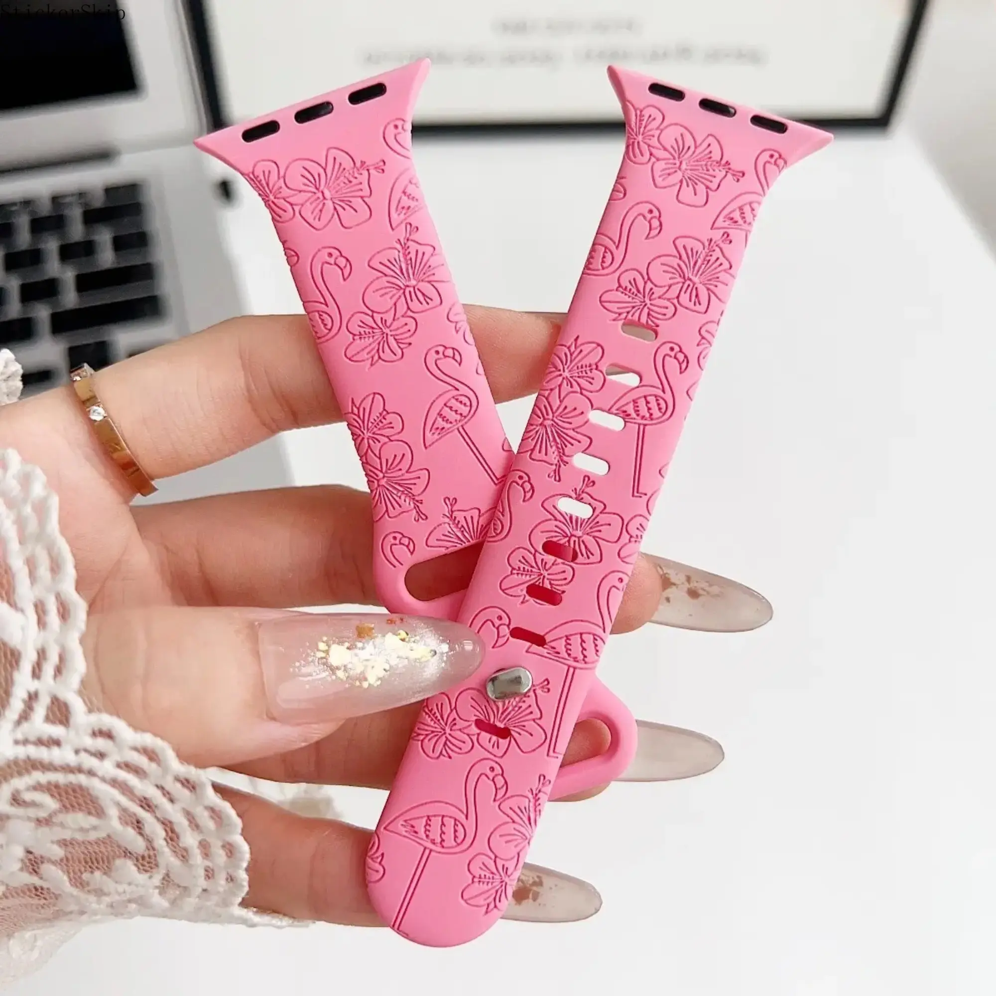 Tropical Engraved Flamingo & Hibiscus Silicone iWatch Band, Soft Pink Hawaii Summer Carved Bird & Floral Girly Wrist Strap, Fits All Sizes Series 1–11 / SE / Ultra 2, Smart Watch Replacement Accessory, Watch Not Included