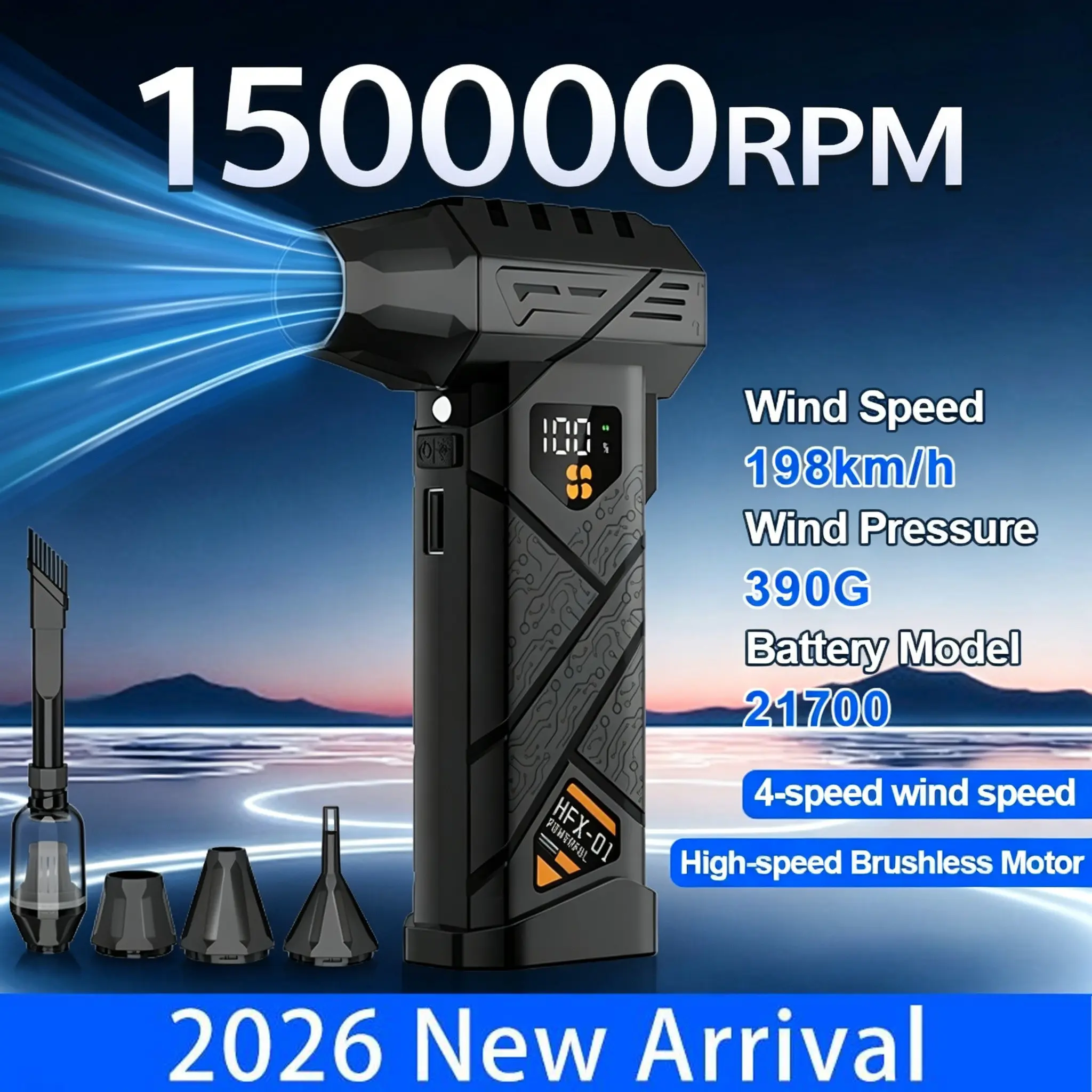 150000 RPM Brushless Air Duster, 198km/h 2-In-1 Blow & Suction Turbo Blower, Stepless Speed Built-In Power Bank, 21700 Rechargeable Cleaner for PC Car Snow Removal