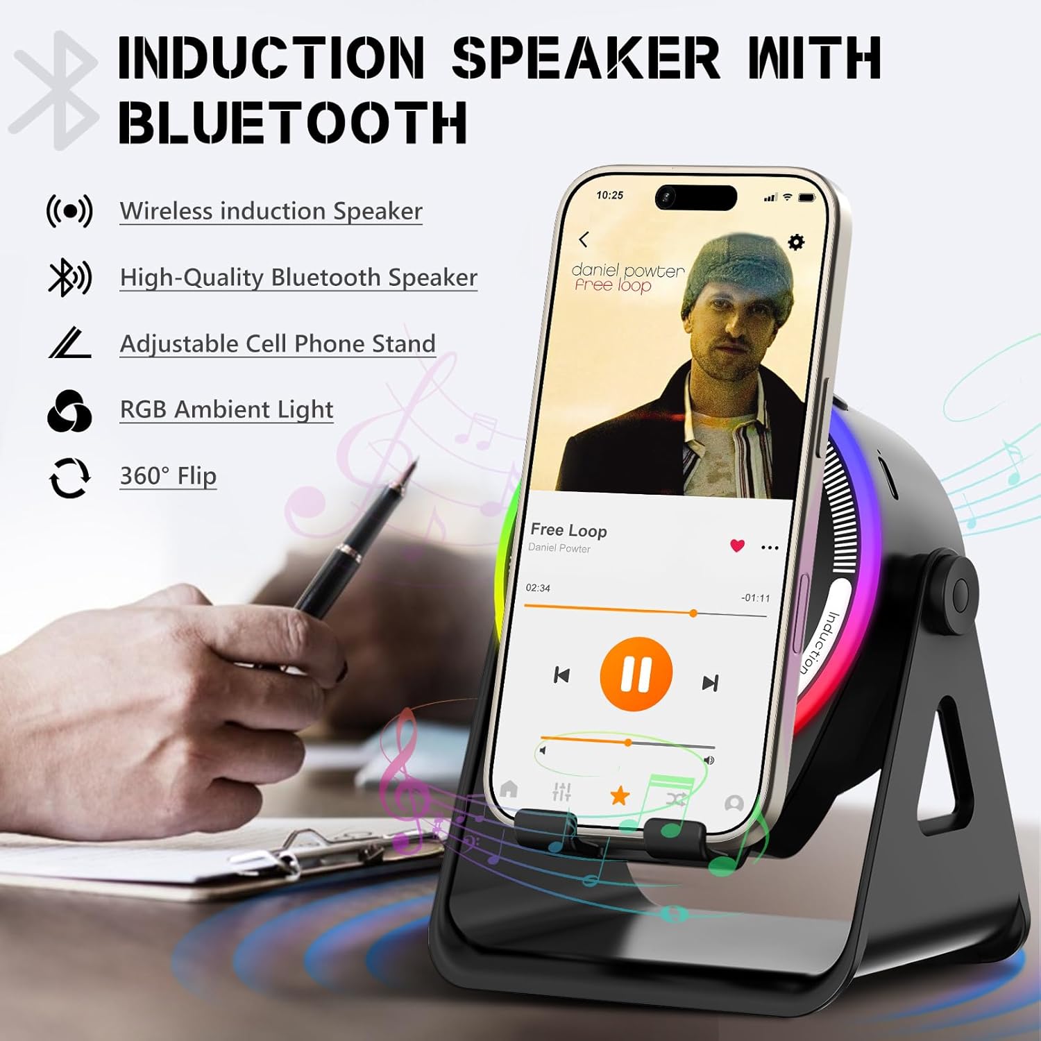 Wireless Induction Speaker, 5-in-1 Bluetooth 5.3 Phone Stand with 360° Rotation & RGB Ambient Light - Cool Tech Gadgets Gifts for Men Women Dad Mom - Compatible iPhone/Android/iPad/Samsung