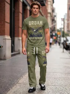 Men's Olive Green Urban Collective 2-Piece Streetwear Set, Micro-Elastic Comfort Top & Pants, Retro Casual Outfit, Great for Daily & Hangouts