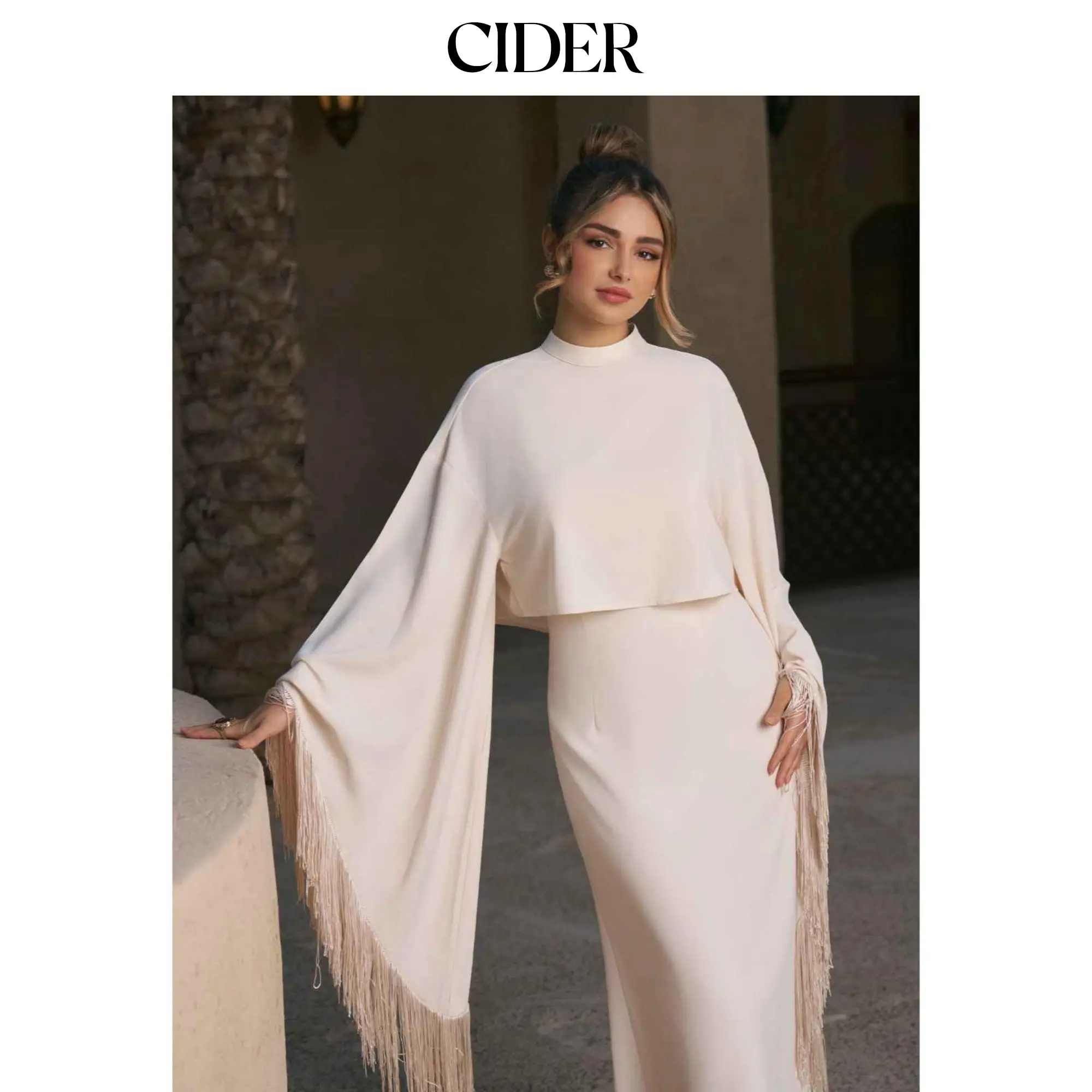 Cider High Neck Bell Sleeve Fringed cape overlay & Midi Dress Set Cider High Neck Bell Sleeve Fringed cape overlay & Midi Dress Set