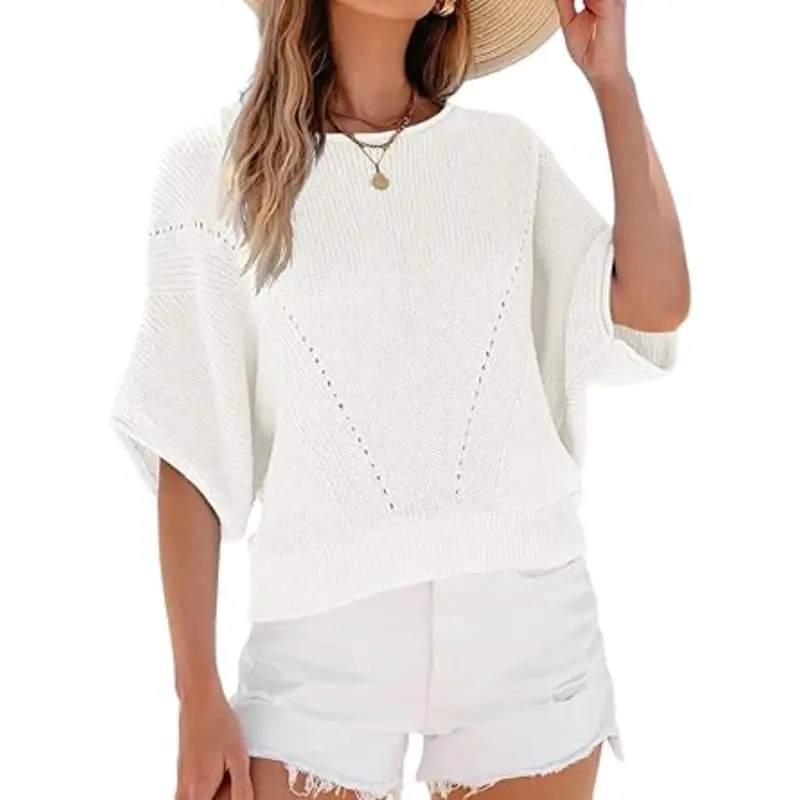 Saodimallsu Womens Short Batwing Sleeve Sweater Tops Crochet Knit Crew Neck Loose Casual Summer Pullover T-Shirts summerwins,back to school,back to school shopping