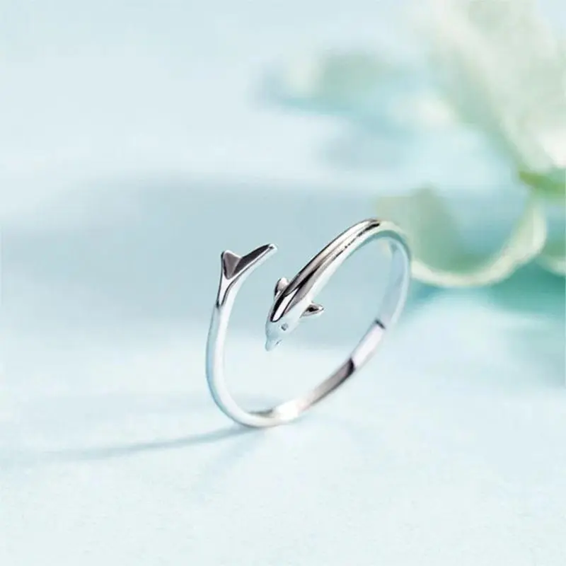New Popular Fashion Cute Animal 925 Sterling Silver Jewelry Personality Dolphin Fish Exquisite Opening Rings R021