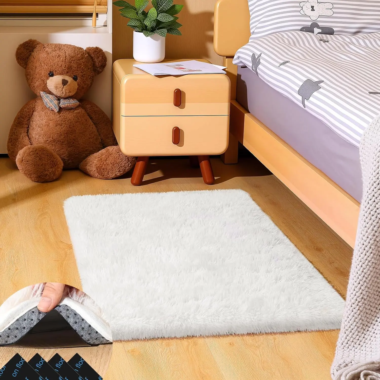 2ft x 3ft Modern White Small Area Rug, Soft Shag Carpet with Anti-Slip Back & 4 Non-Slip Stickers, for Kids’ Room, Bedroom Home Decor (Textiles & Soft Furnishings)