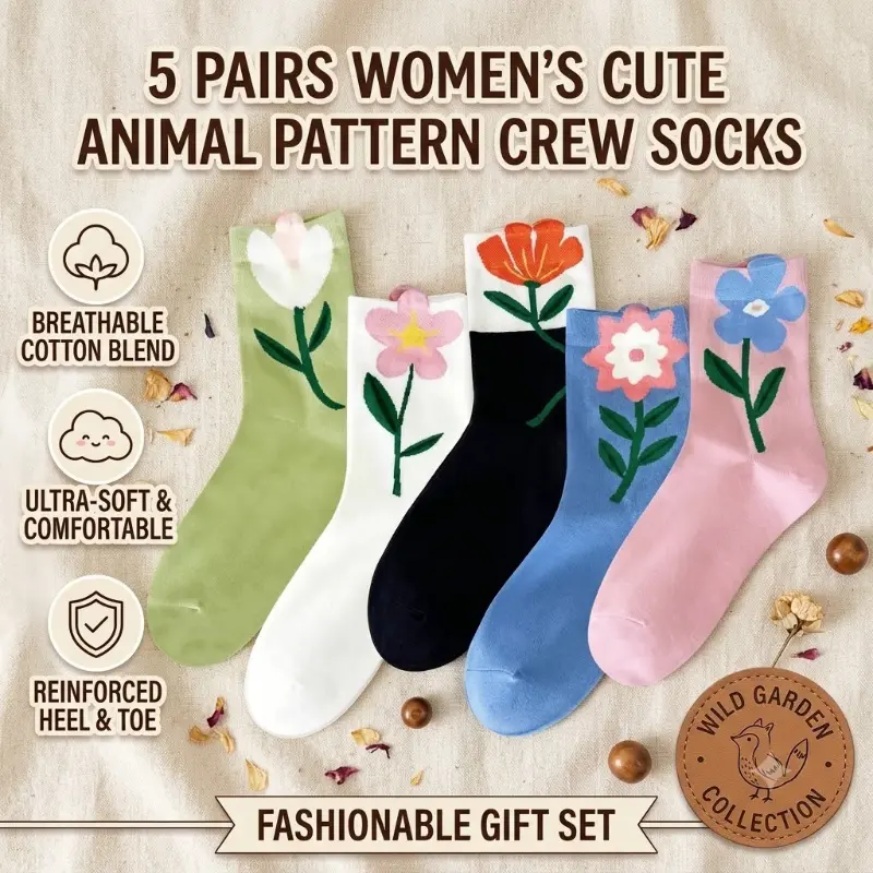 5 Pairs Women's Cute Animal Pattern Crew Socks, Funny Cartoon Mid Calf Socks, Breathable Casual Fashion Socks for School, Travel, Daily Wear and Trendy Outfit Matching