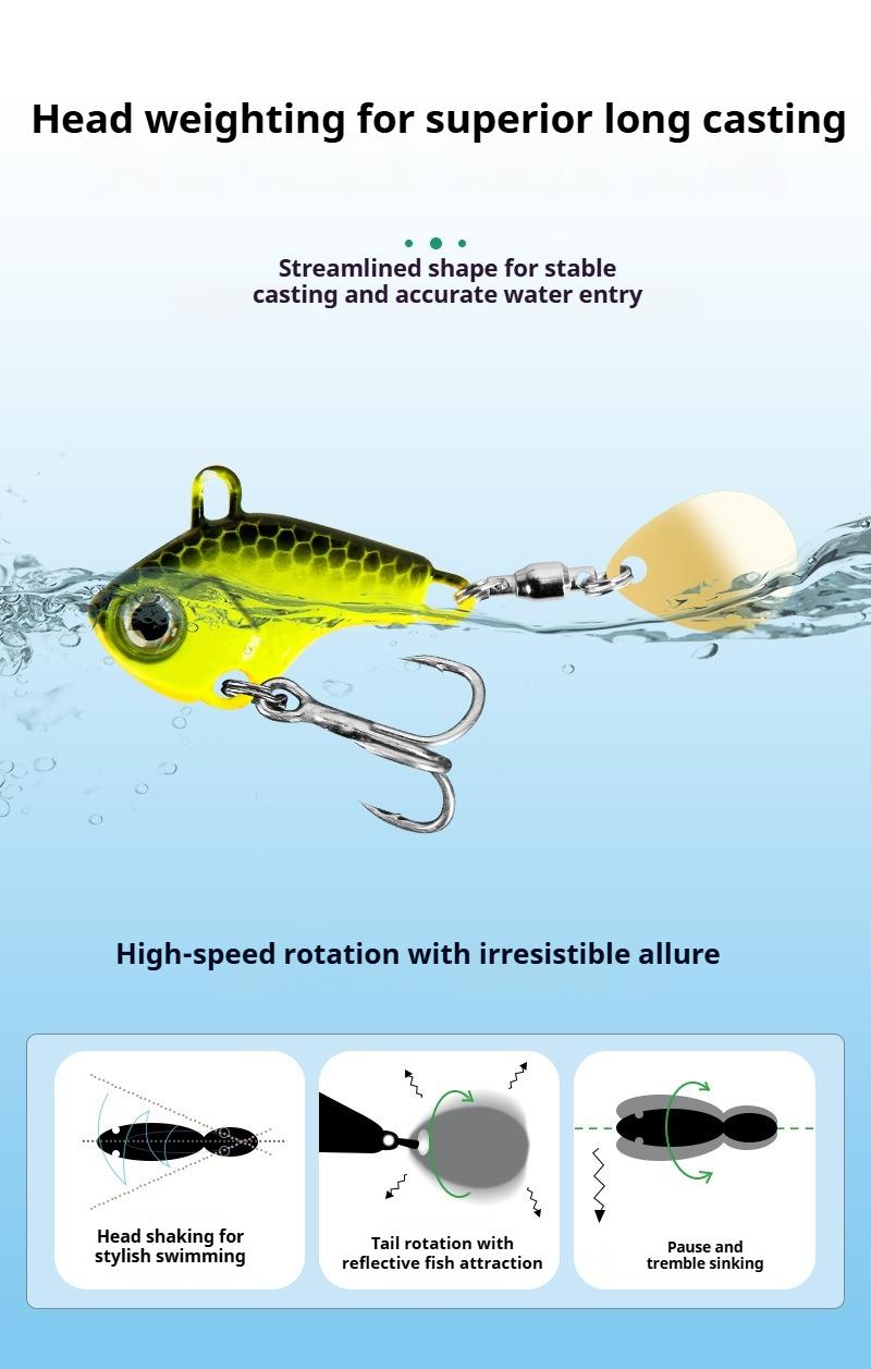 Spinning spinner lures with head weights ensure accurate casting over long distances, reflective surface attracts fish, and has a high hook-up rate. Small whirlwind thumb-vibrating lures, set of 6, available in different weights.