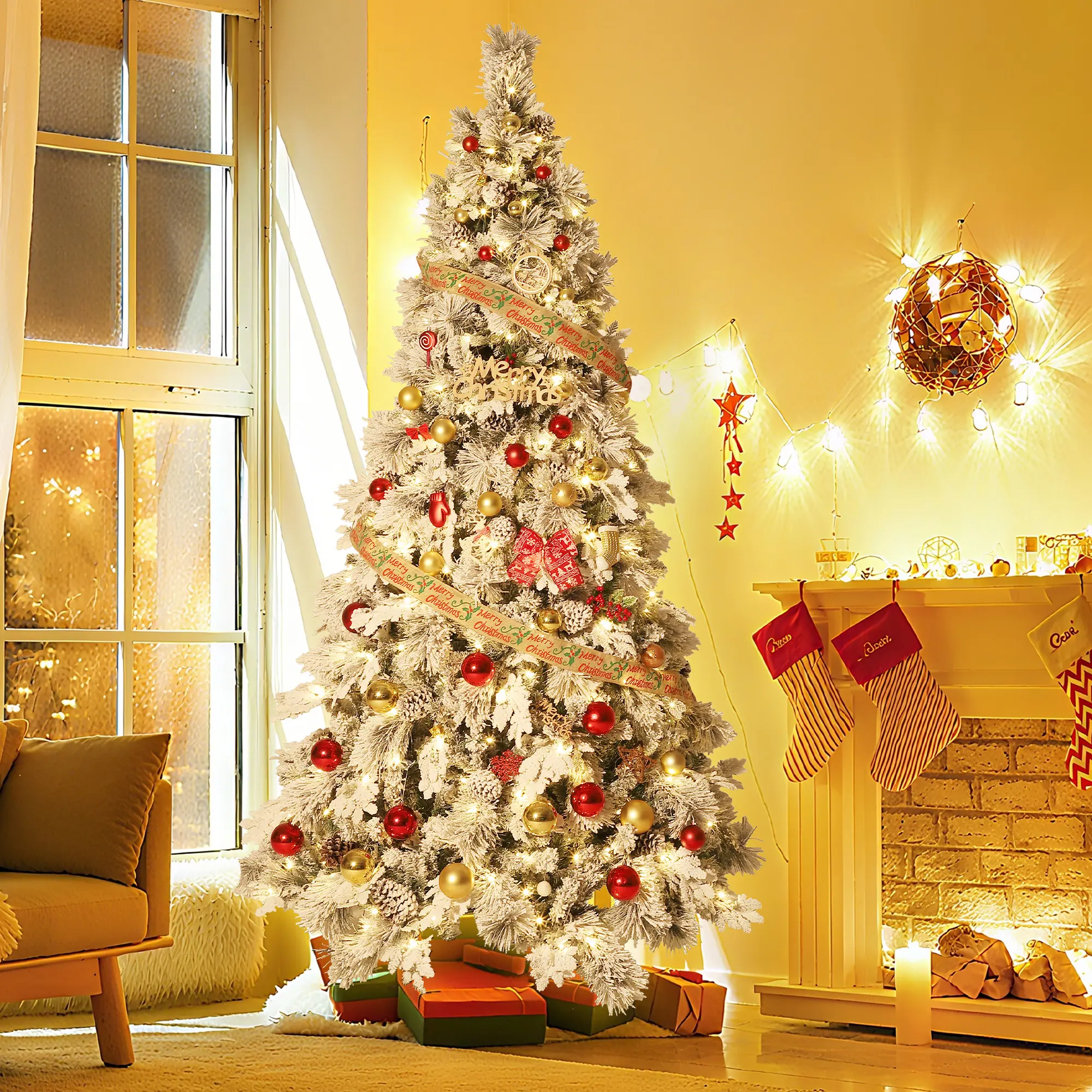 Full Snow Flocked Artificial Christmas Tree – 7FT, Prelit Warm White Lights, Dense Hinged Sprigs, Realistic Pine Cones, Easy Assembly, Metal Stand, Appropriate for Indoor Outdoor Holiday Home Decor