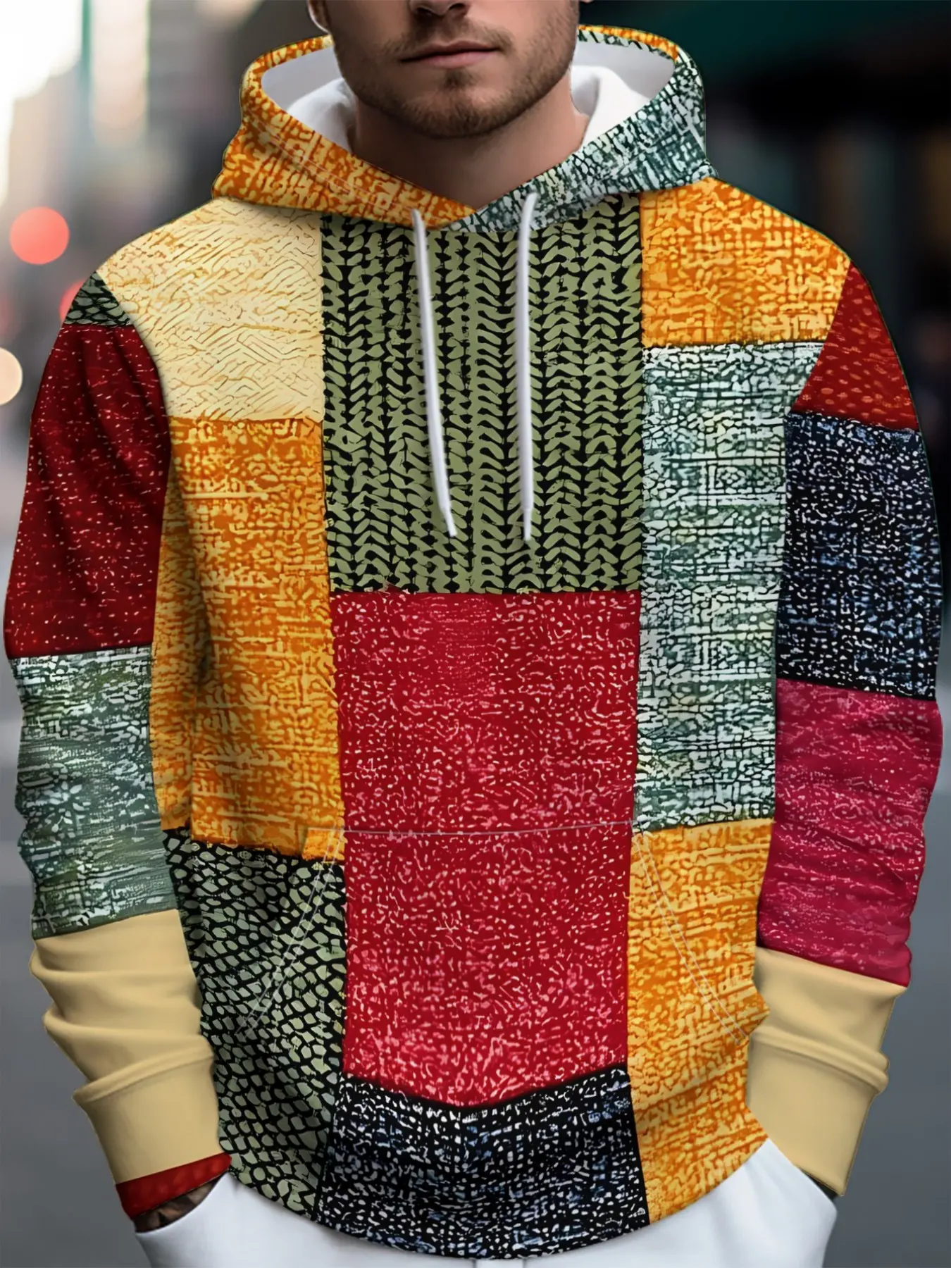 Men's Multicolor Plaid Texture Patchwork Hoodie, Colorblock Ethnic Particle Print, Drawstring Pocket Long Sleeve Casual Streetwear Sweatshirt