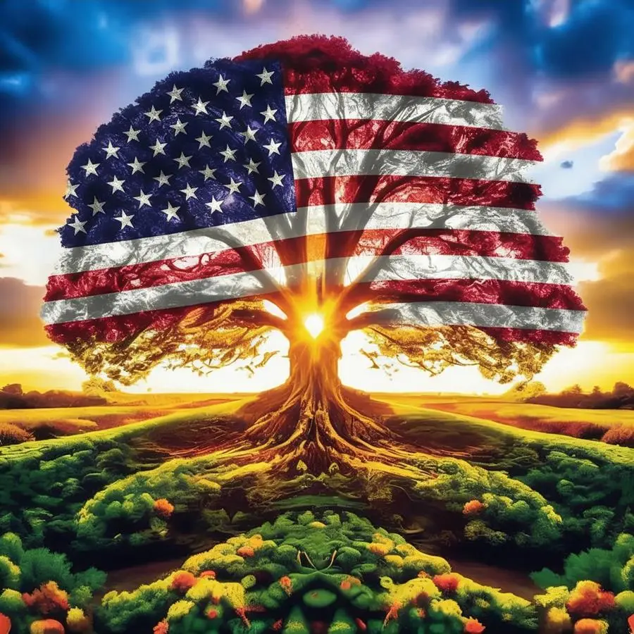 5D DIY Diamond Painting Kit American Flag Pattern Giant Tree Sunset Rural Landscape Art Pattern, Full Round & Square Drill Rhinestone Mosaic Cross Stitch Craft Kit, Handmade Ornament Wall Art Home Decor Gift for Living Room Bedroom, Diamond Art, Stress Re