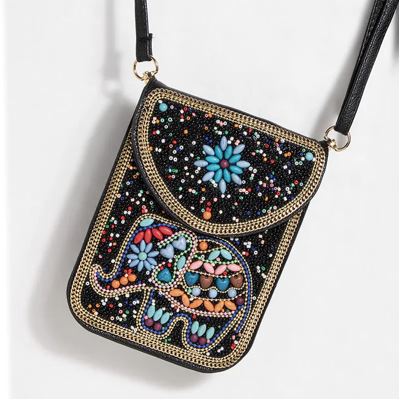 Women's Bohemian Heavy-Duty Beaded PU Leather Crossbody Shoulder Bag - Rice Beads, Shells, Flower Accents, Magnetic Clasp, Ideal for Travel, Photography