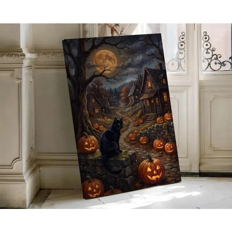 Spooky Black Cat Moon Light Canvas Art, Halloween Fall Pumpkin Wall Decor, Dark Academia Painting