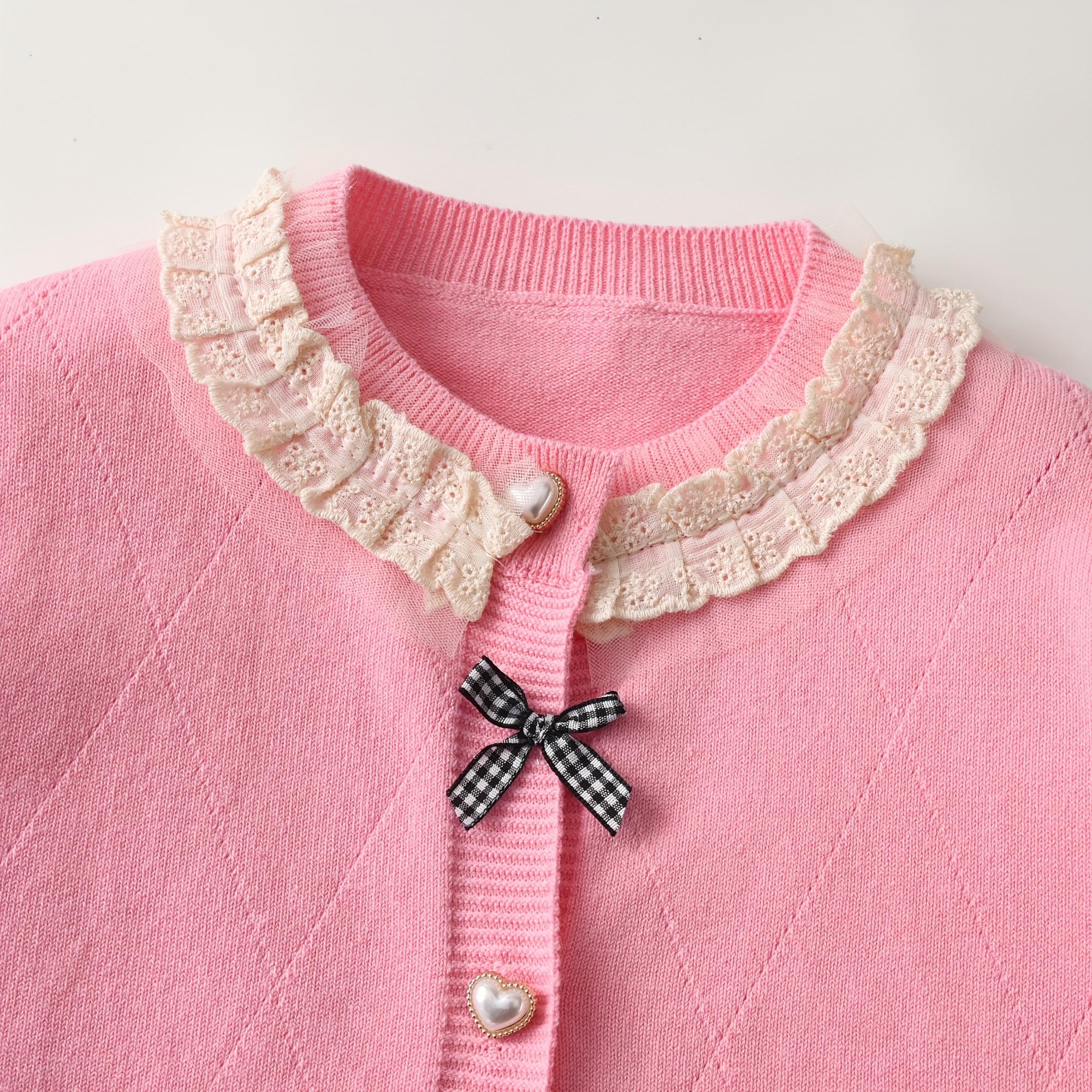 Girls' Elegant Knit Cardigan Sweater - Beige & Black Bow Accent Sweater, Soft Long Sleeve Button-Front Closure, Warm Breathable Sweater for Spring/Fall, Perfect for Everyday, Parties, School, and Outdoor Activities - Girls' Sweater, Party Outfit, Classic