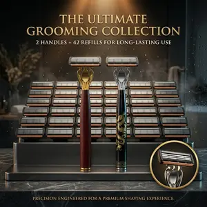 Men's Manual Razor Set, 2 Handles, 42 Blades, Six-Layer Lubricated Blades, Vintage Wood Handle, Gold Dragon Design, Long-Lasting Comfort