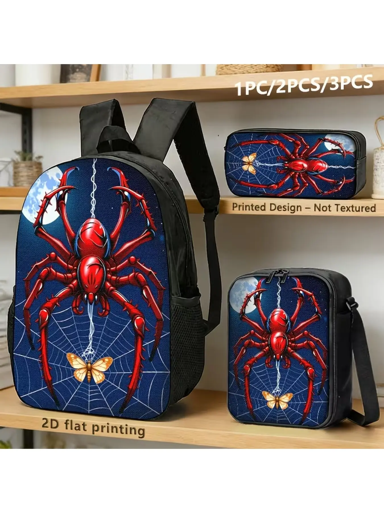 3-piece spider themed shoulder bag set - includes a large capacity backpack, meal bag, and pencil case, durable zipper closure, and comfortable shoulder straps suitable for students' daily school and outdoor leisure use