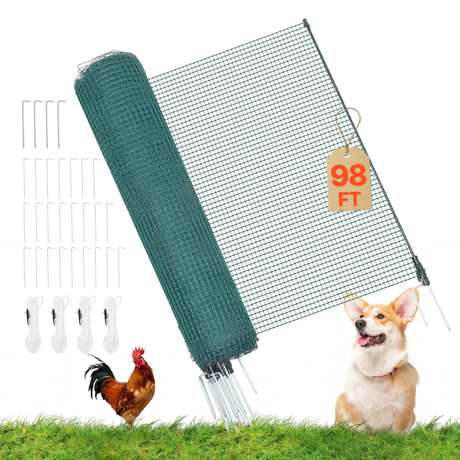 VEVOR Temporary Fence with Posts, 3x 98.4 FT Plastic Mesh Fencing, Garden Safety Fences Netting with Double-Spike Stakes Guy Ropes, Temporary Fence for Dogs, Chickens, Plants, Outdoor Yards