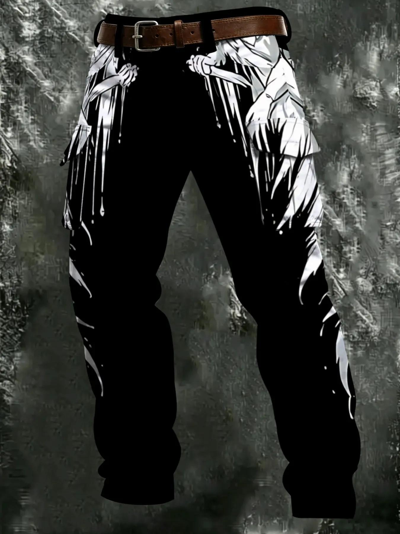 New Base Anime Print Loose Fit Cargo Pants, Plus Size Japanese Street Style Men's Multi-Pocket Casual Long Trousers