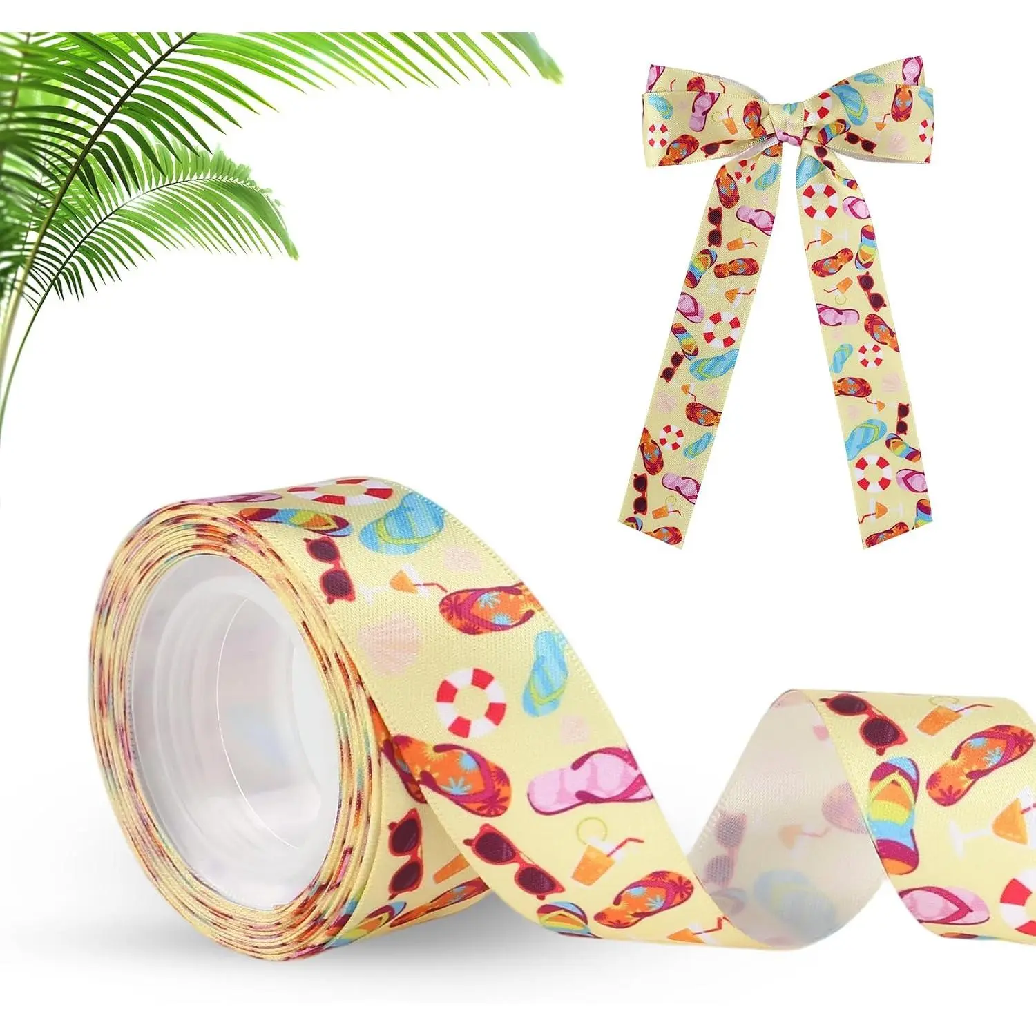 Beach Ribbon 5 Yards 1 Inch Satin Printed Summer Ribbon Sunshine Sea Yellow for Decorative  Wrapping Wreath Floral Crafts Bouquet Sewing DIY Hair Bow Tropical Hawaiian Party Decoration Supplies