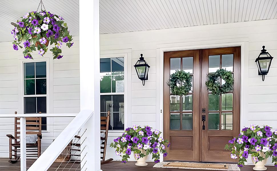 2 Bundles Artificial Fake Flowers Plants for Outdoor Decoration, Faux Petunias Silk Flower UV Resistant No Fade for Home Outside Garden Balcony Yard Porch Realistic Indoor Decor