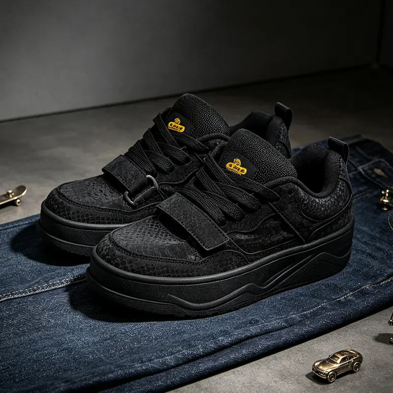 Y2K Minimalist Black Dragon Embossed Texture Chunky Skate Sneakers Double Strap Platform Shoes Dark Street Fashion Unisex Footwear