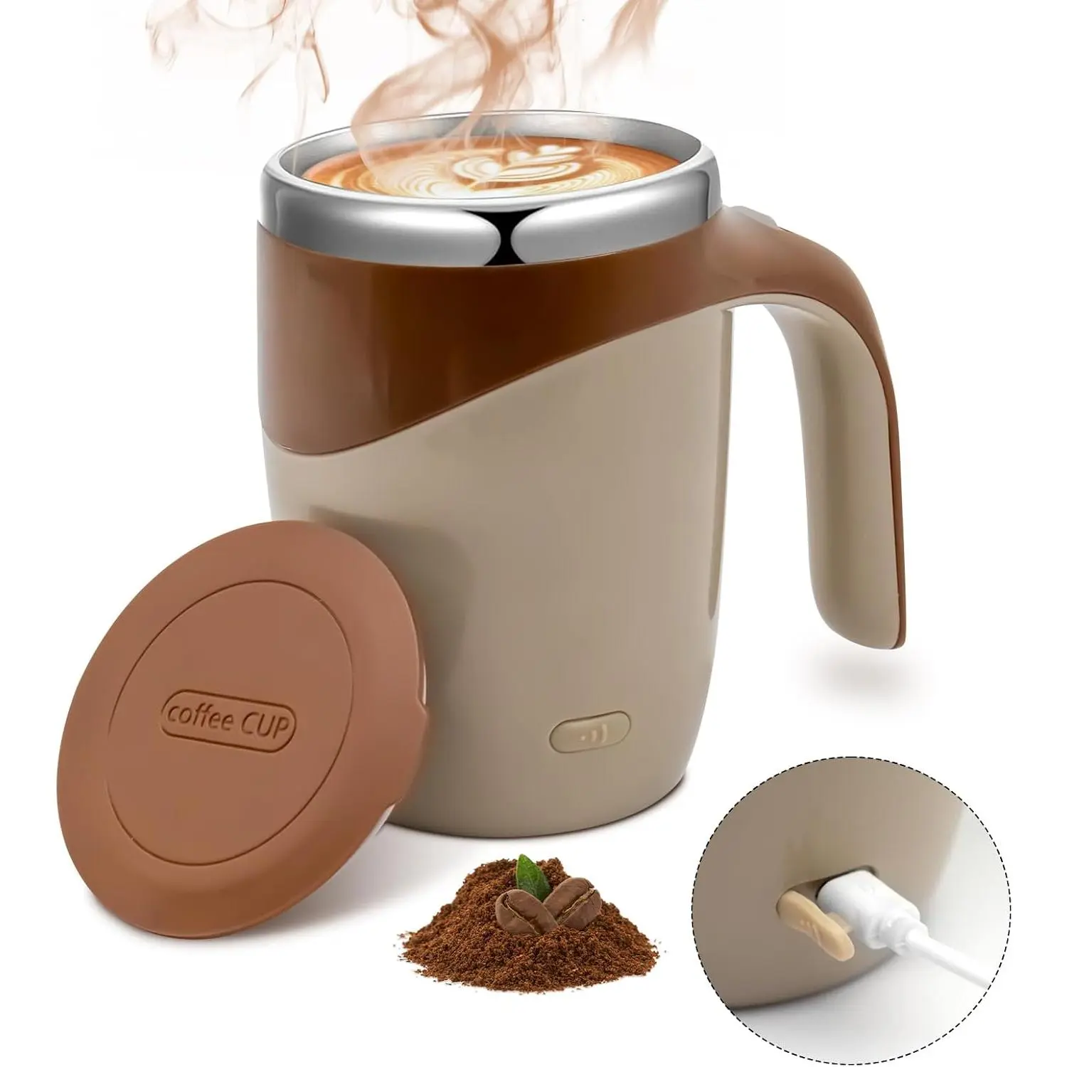 Self Stirring Coffee Mug, Rechargeable Automatic Stirring Mixing Mug, Electric Funny Self Mixing Cup, Stainless Steel Travel Coffee Cup for Office, , Kitchen (Brown)