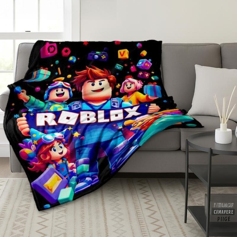 Roblox Flannel Blanket - Soft Skin-Friendly Breathable Warm Block Design for Bedroom Living Room Nap Halloween Christmas Gift